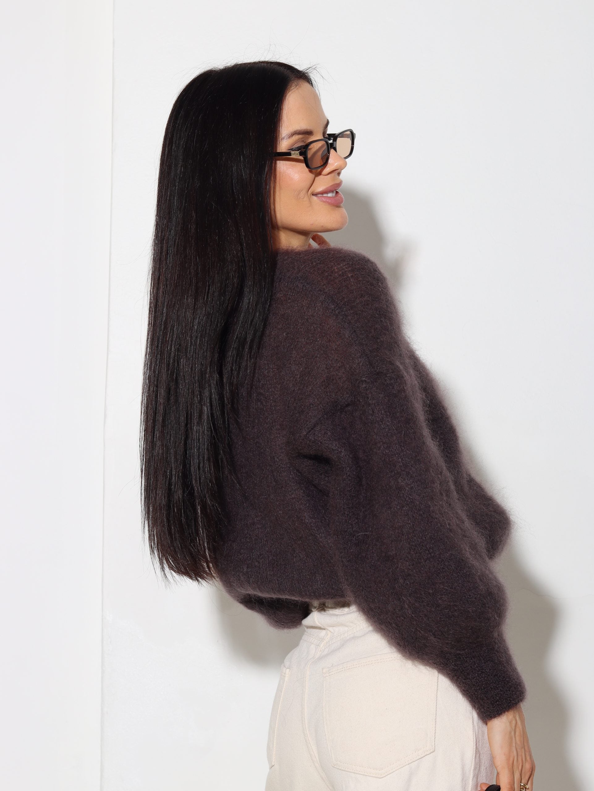 Tumši brūna Mohēras jaka ar "V" veida izgriezumu - 16057