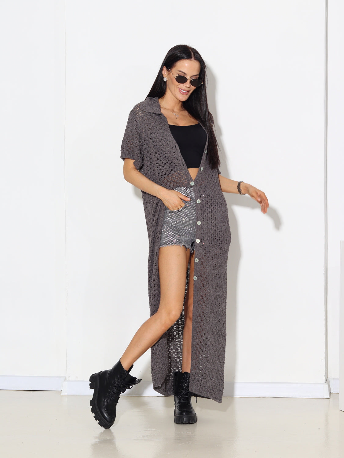 Taupe krāsas tamborēta garā jaka - 15027