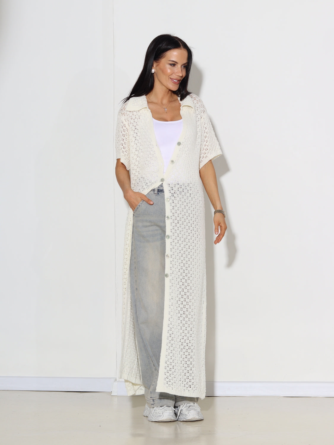 Balta tamborēta garā jaka - 15026