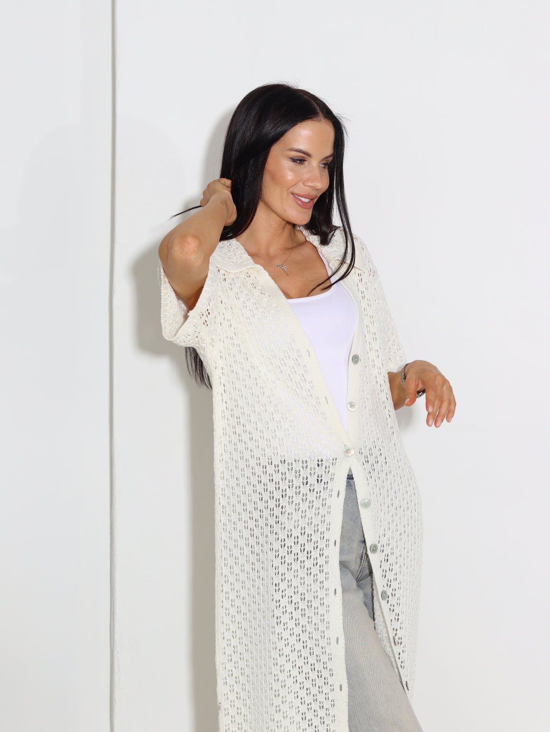 Balta tamborēta garā jaka - 15026