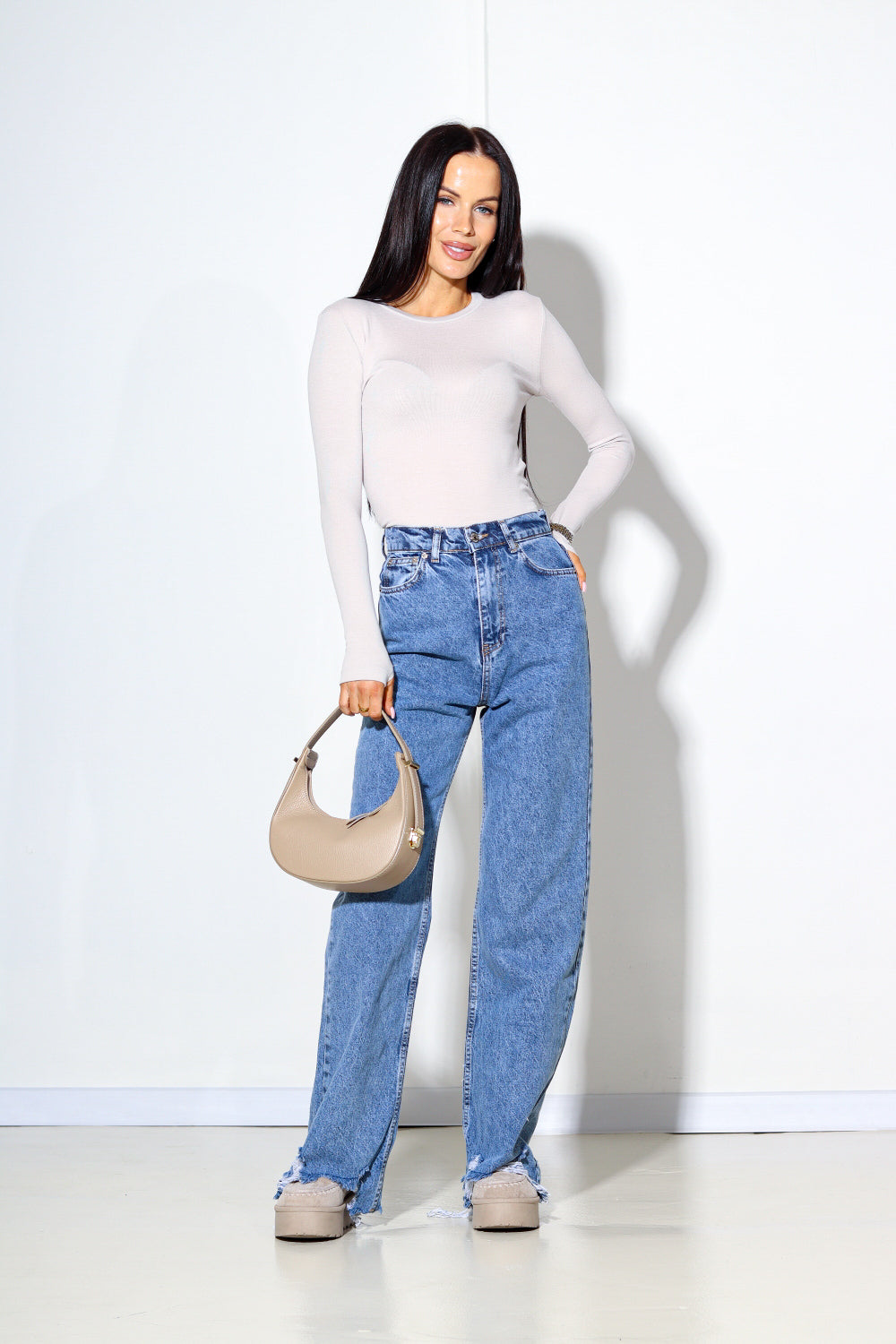 Zila "Mom fit" džinsu bikses ar plēstiem galiem - 13933