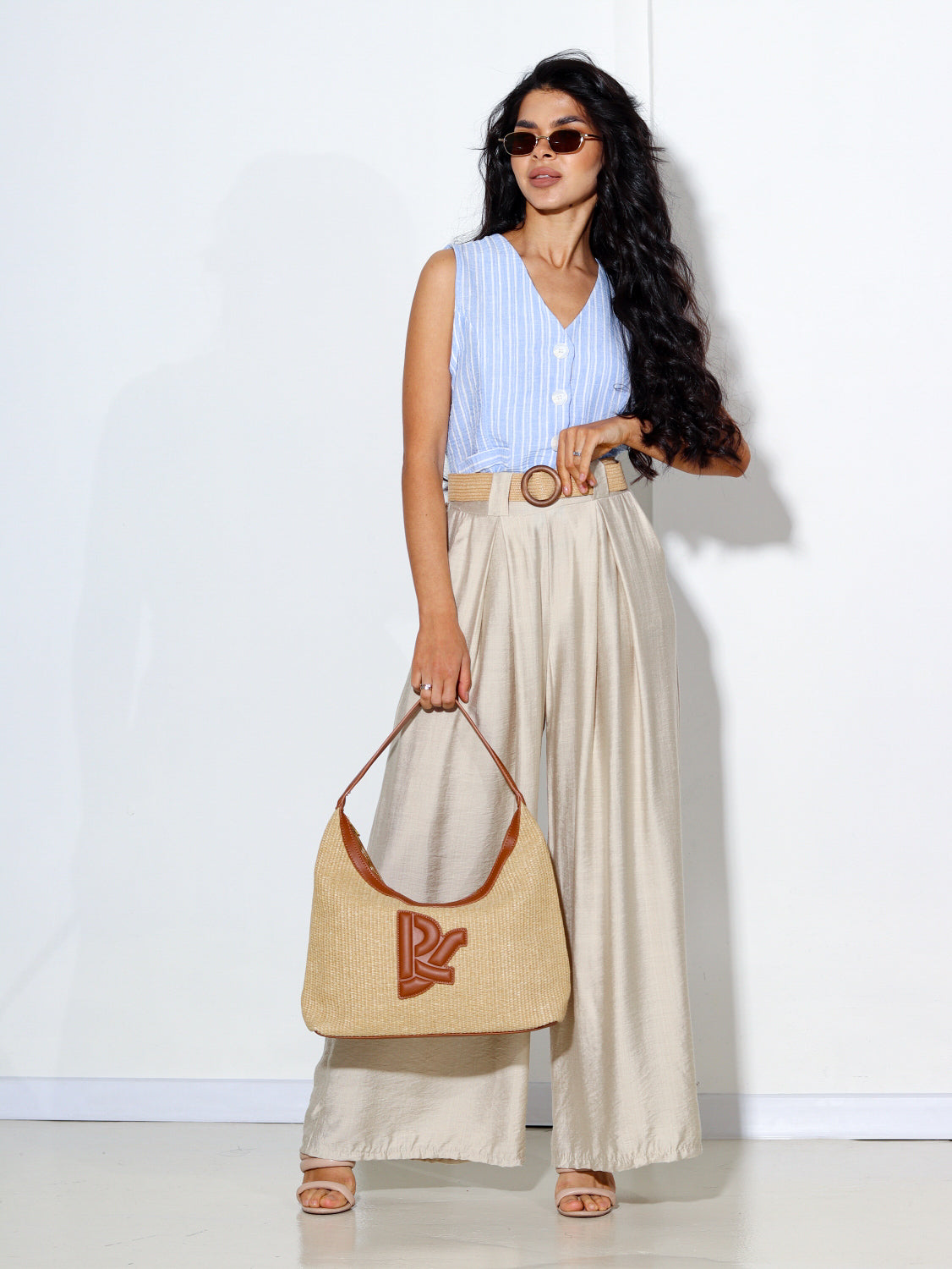 Bēšas viskozes bikses ar pītu jostu - 14508