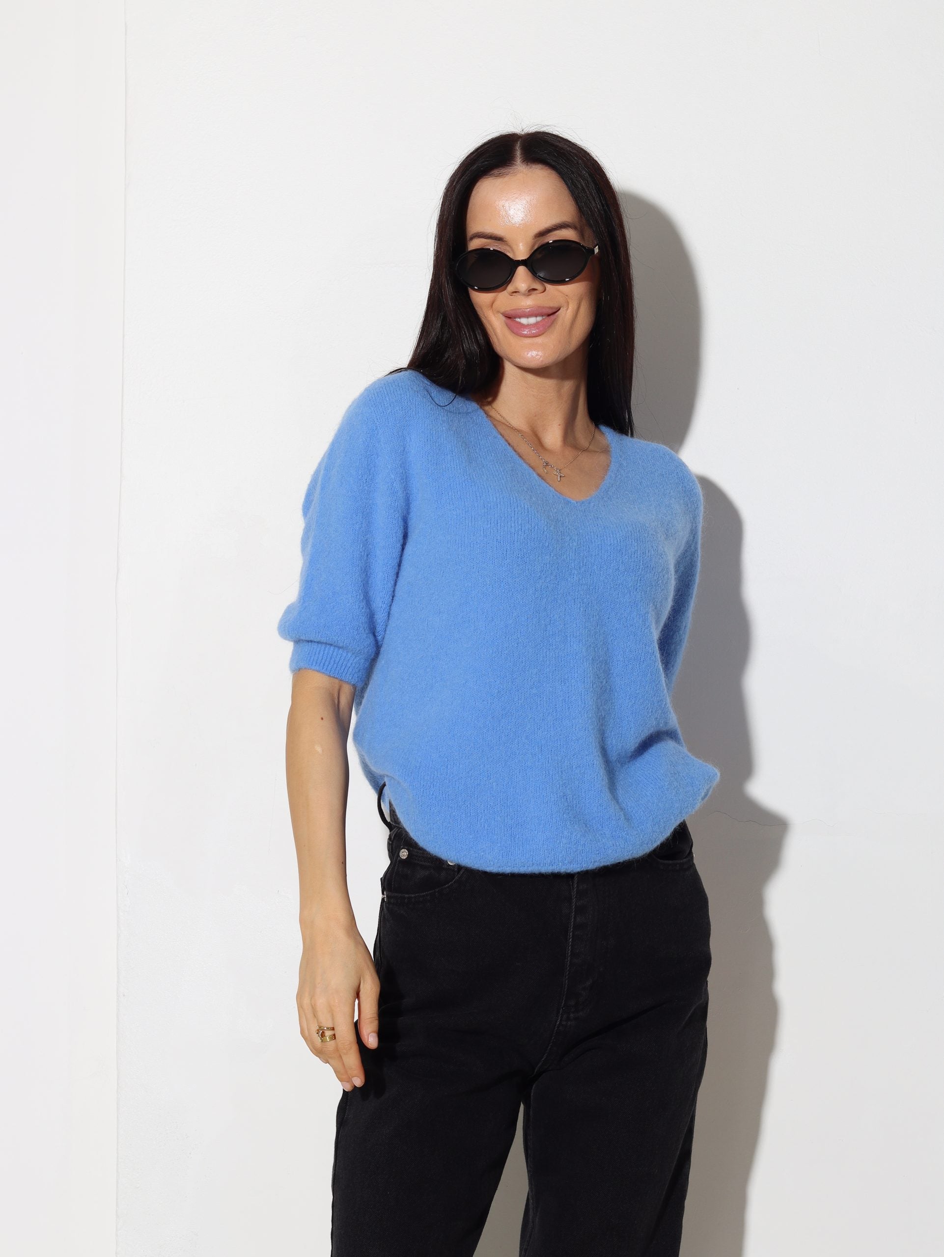 Zils, 'V' dekoltē alpakas džemperītis, īsa piedurkne - 15803