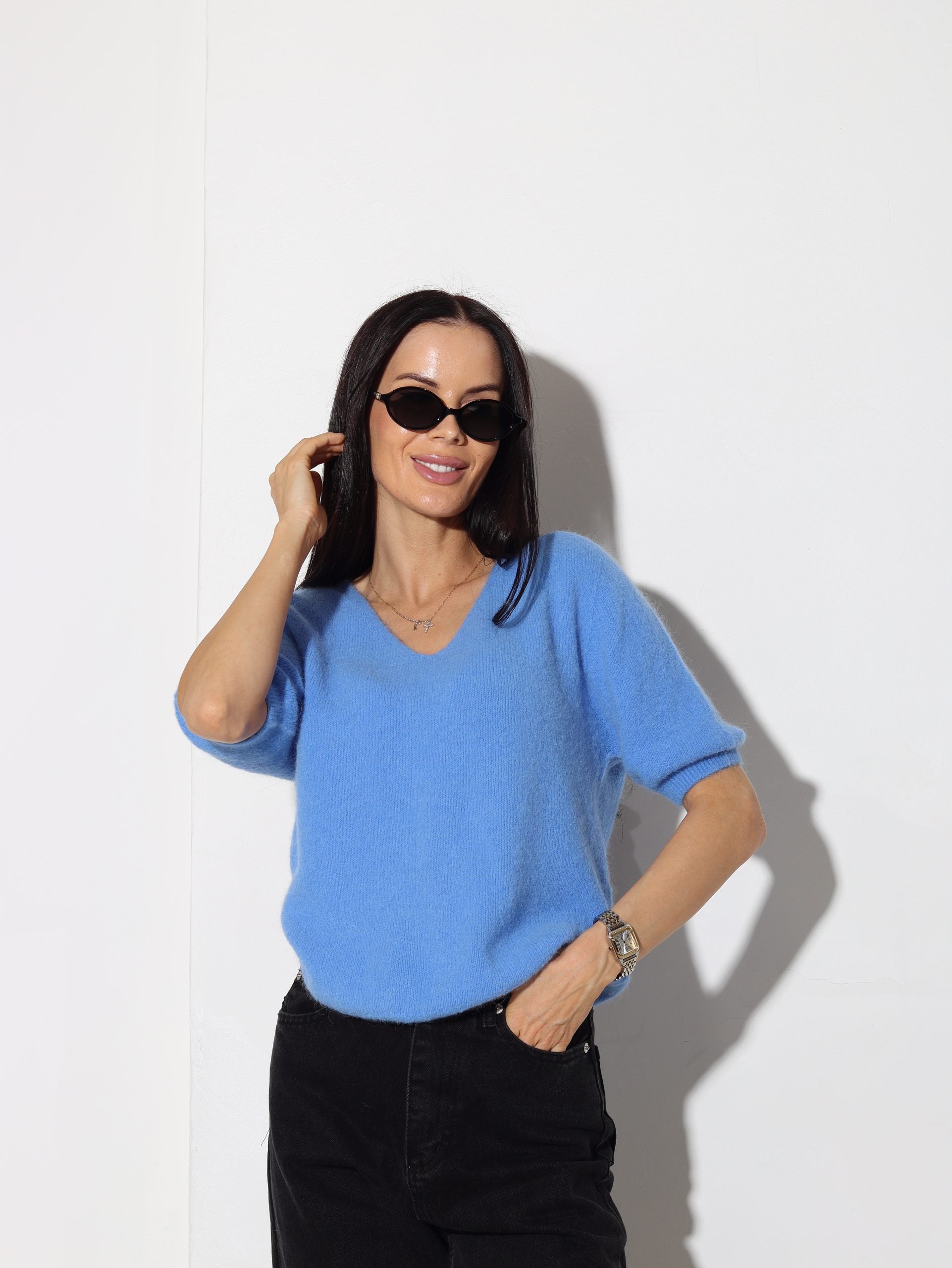 Zils, 'V' dekoltē alpakas džemperītis, īsa piedurkne - 15803