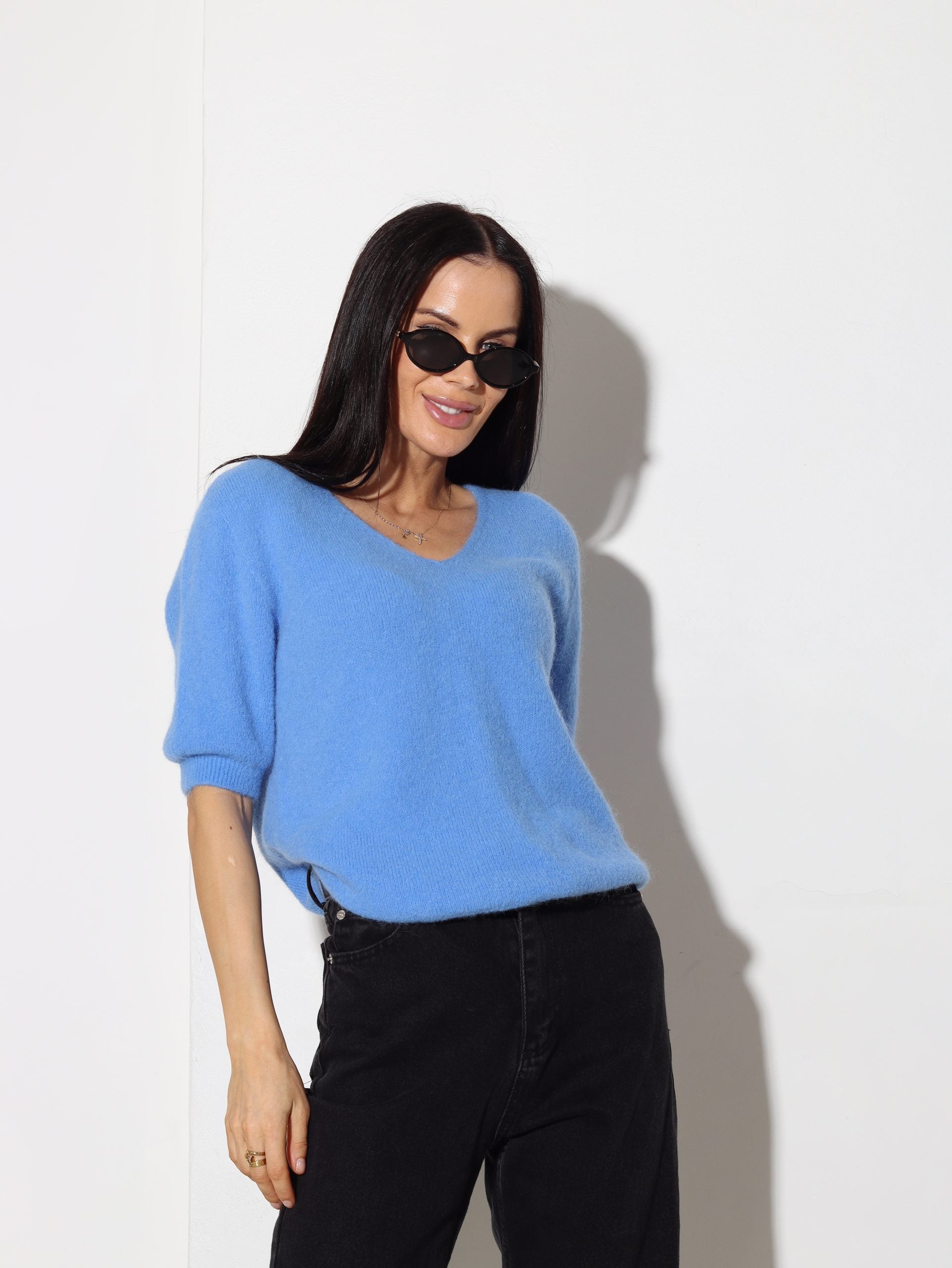 Zils, 'V' dekoltē alpakas džemperītis, īsa piedurkne - 15803