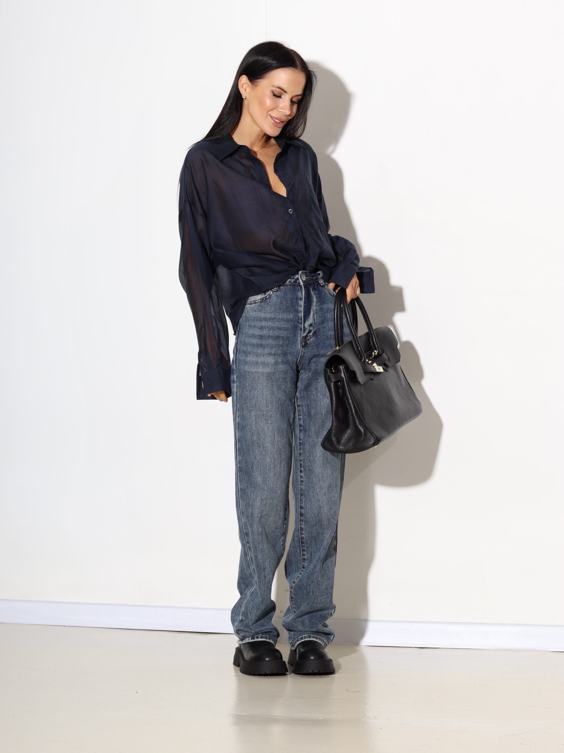 Zila zīda blūze ar apkali - 17487