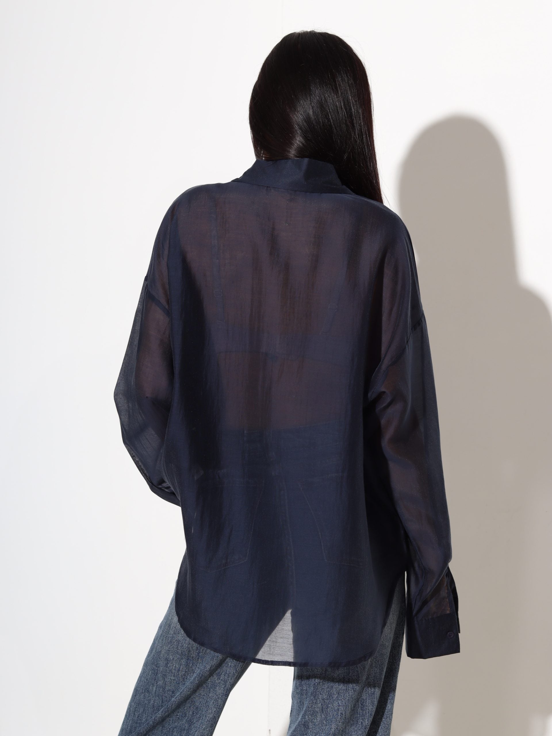 Zila zīda blūze ar apkali - 17487