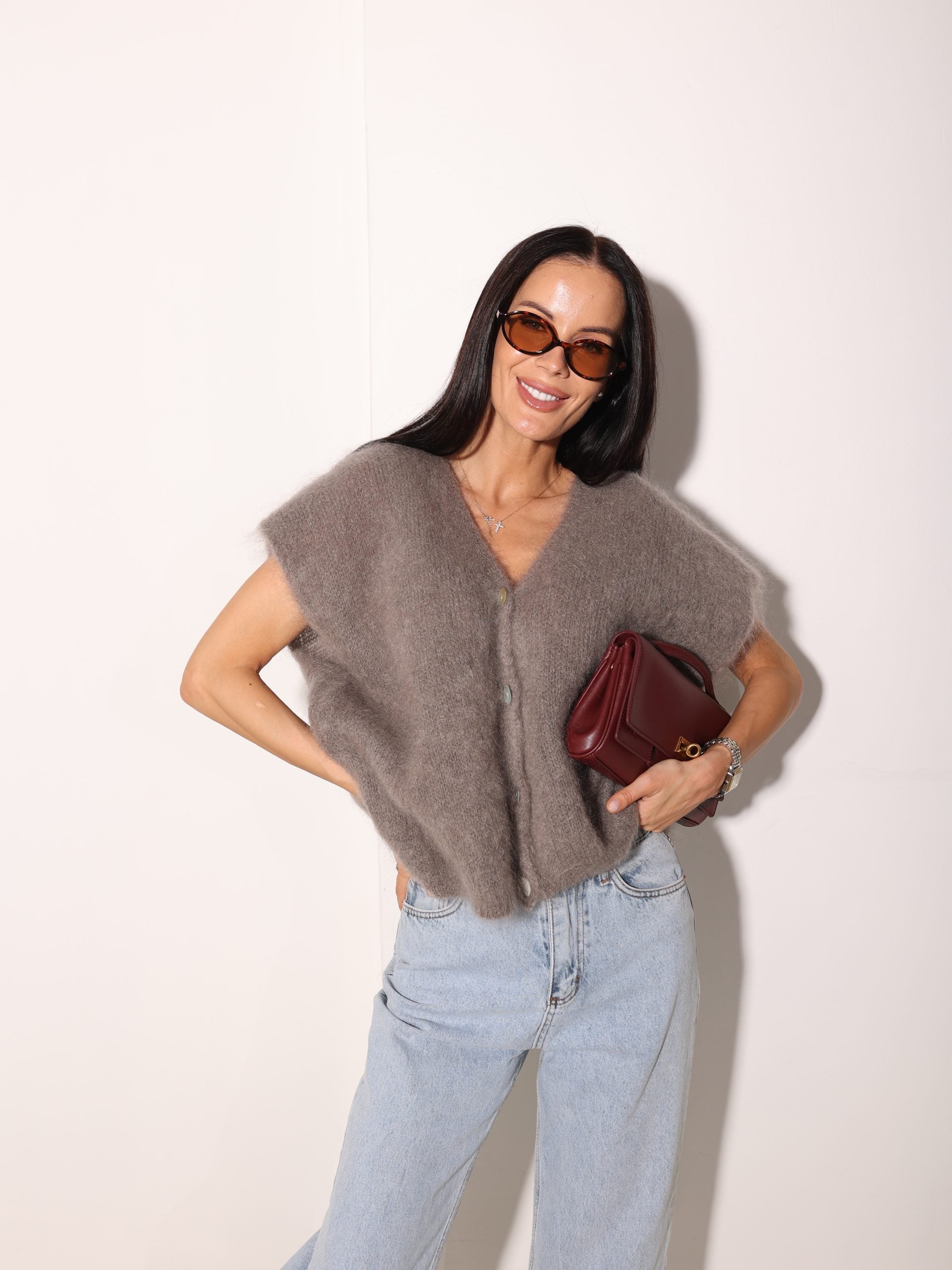 Taupe, brīva piegriezuma, pogājama Mohēras veste - 15982