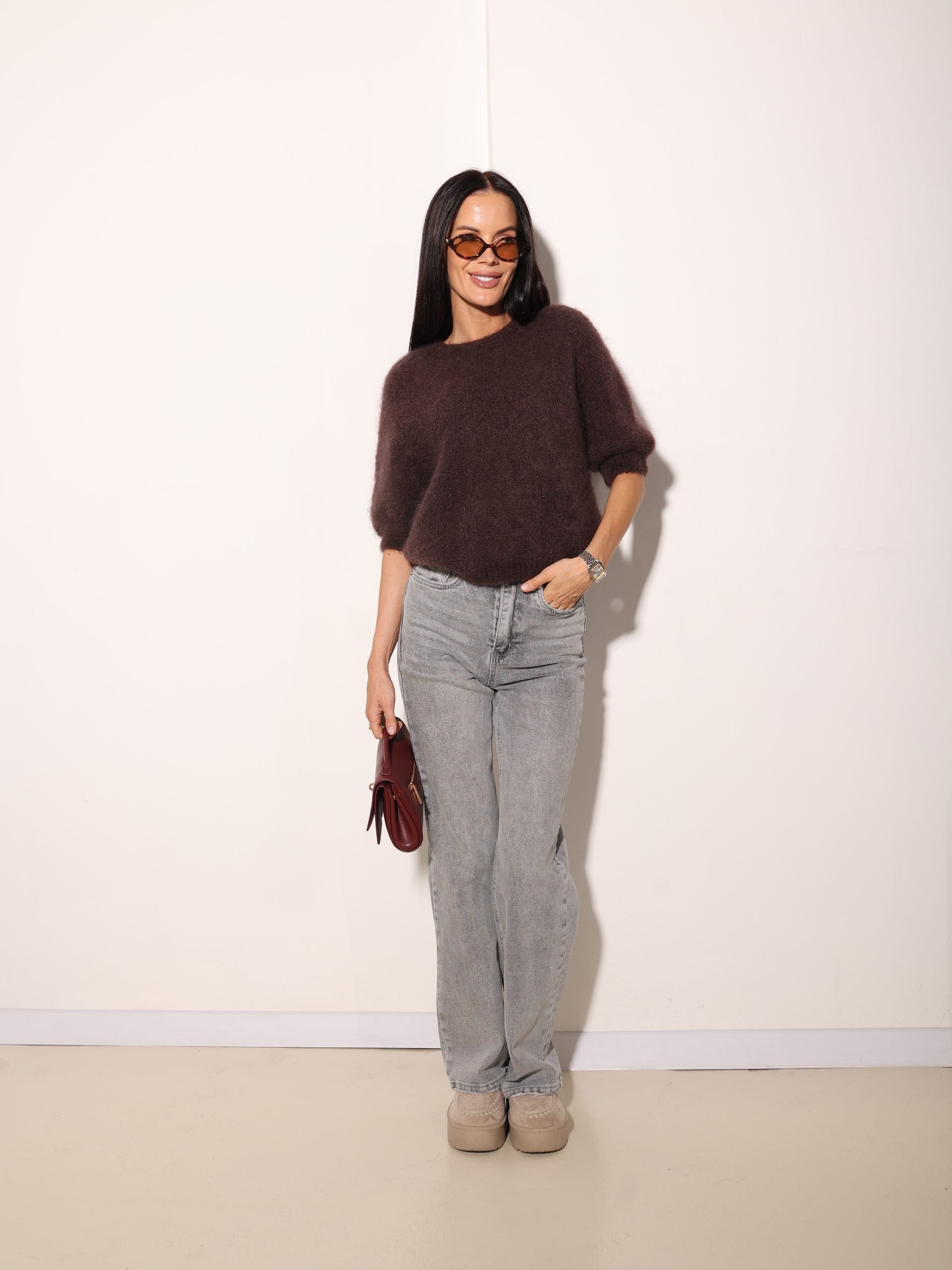 Tumši brūns Mohēras džemperis ar īsām piedurknēm - 15989