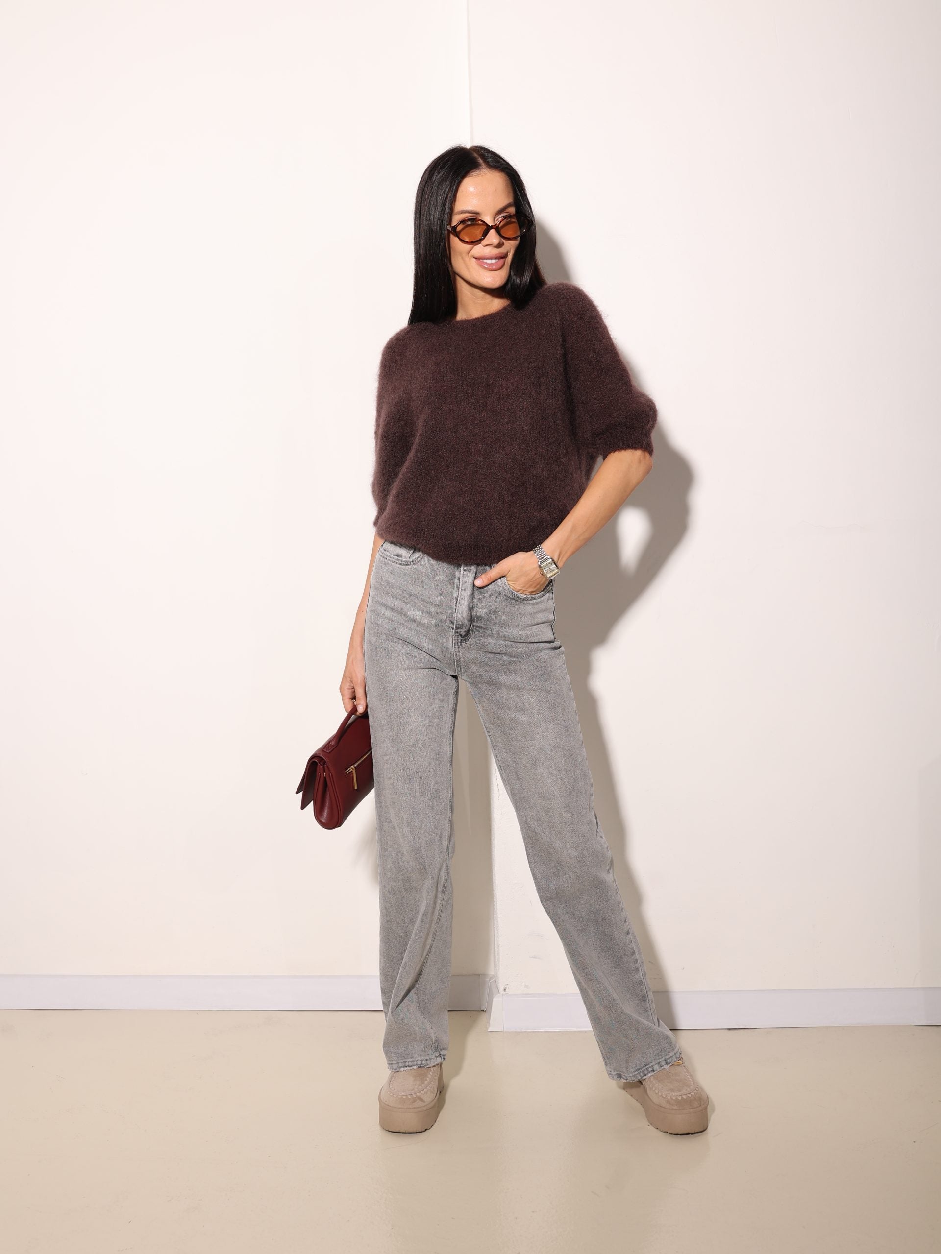 Tumši brūns Mohēras džemperis ar īsām piedurknēm - 15989