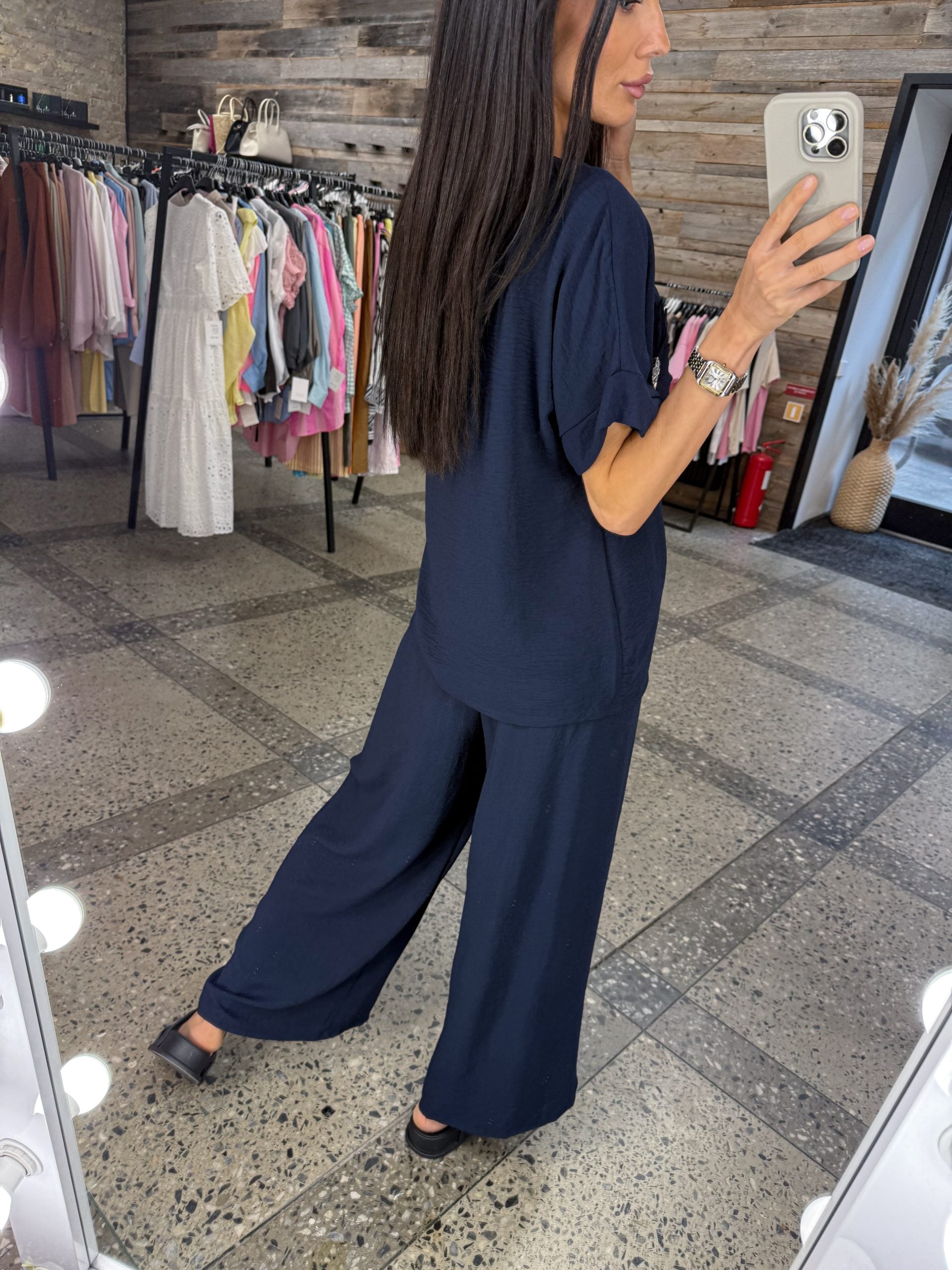 Tumši zila, brīva piegriezuma komplekts( tops+bikses) - 15183