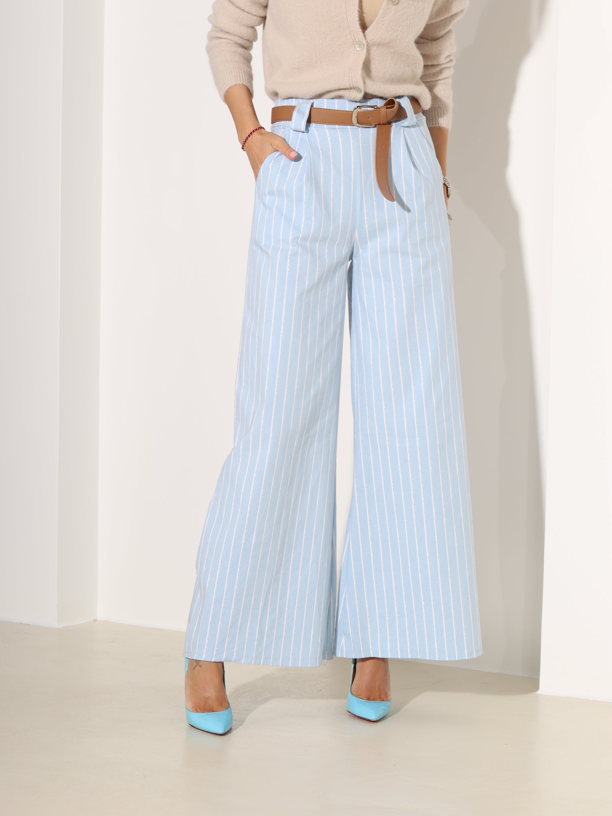 Tumši zilas, elastne auduma püksid ar baltām svītrām - 18307