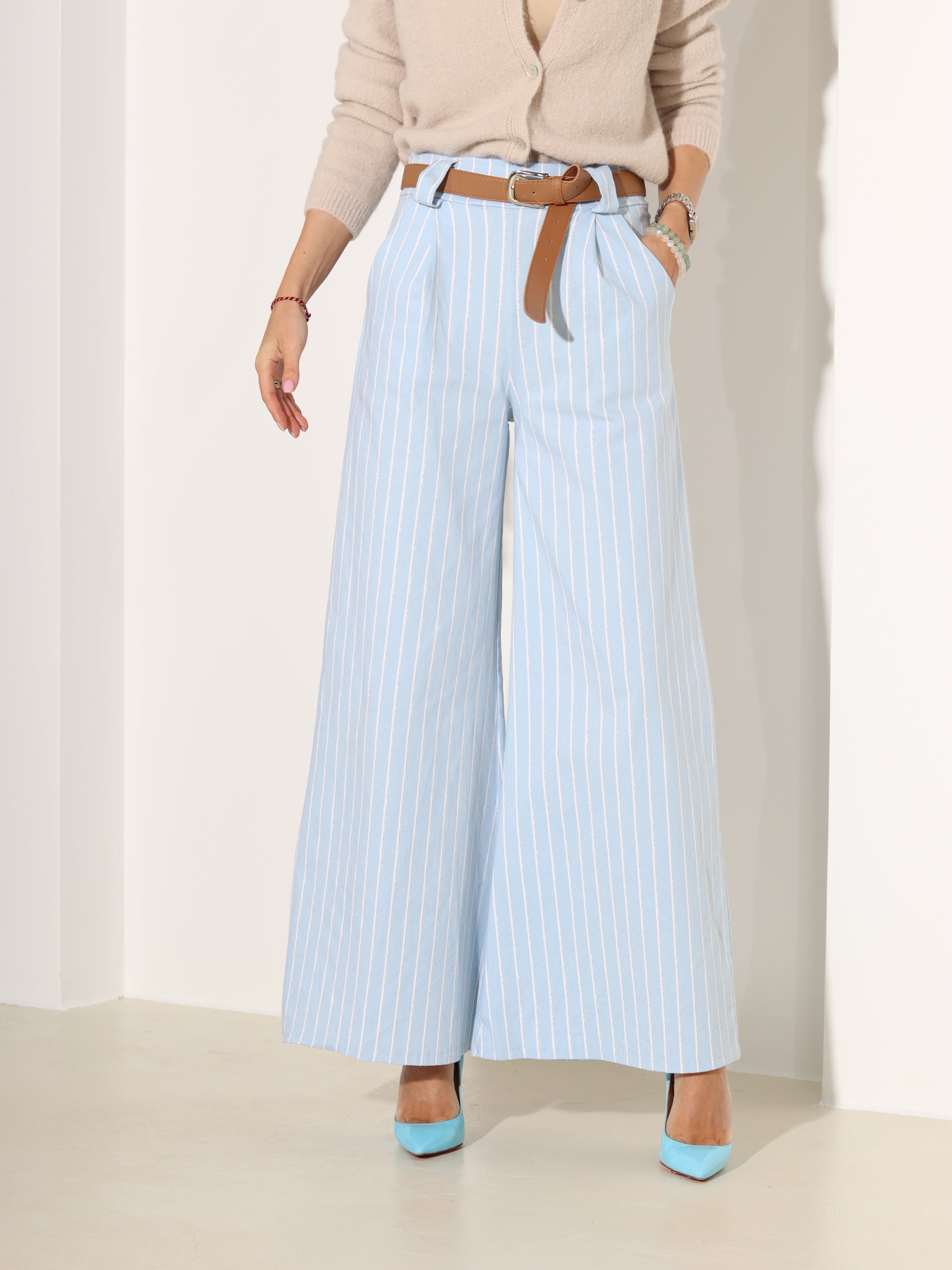 Tumši zilas, elastne auduma püksid ar baltām svītrām - 18307