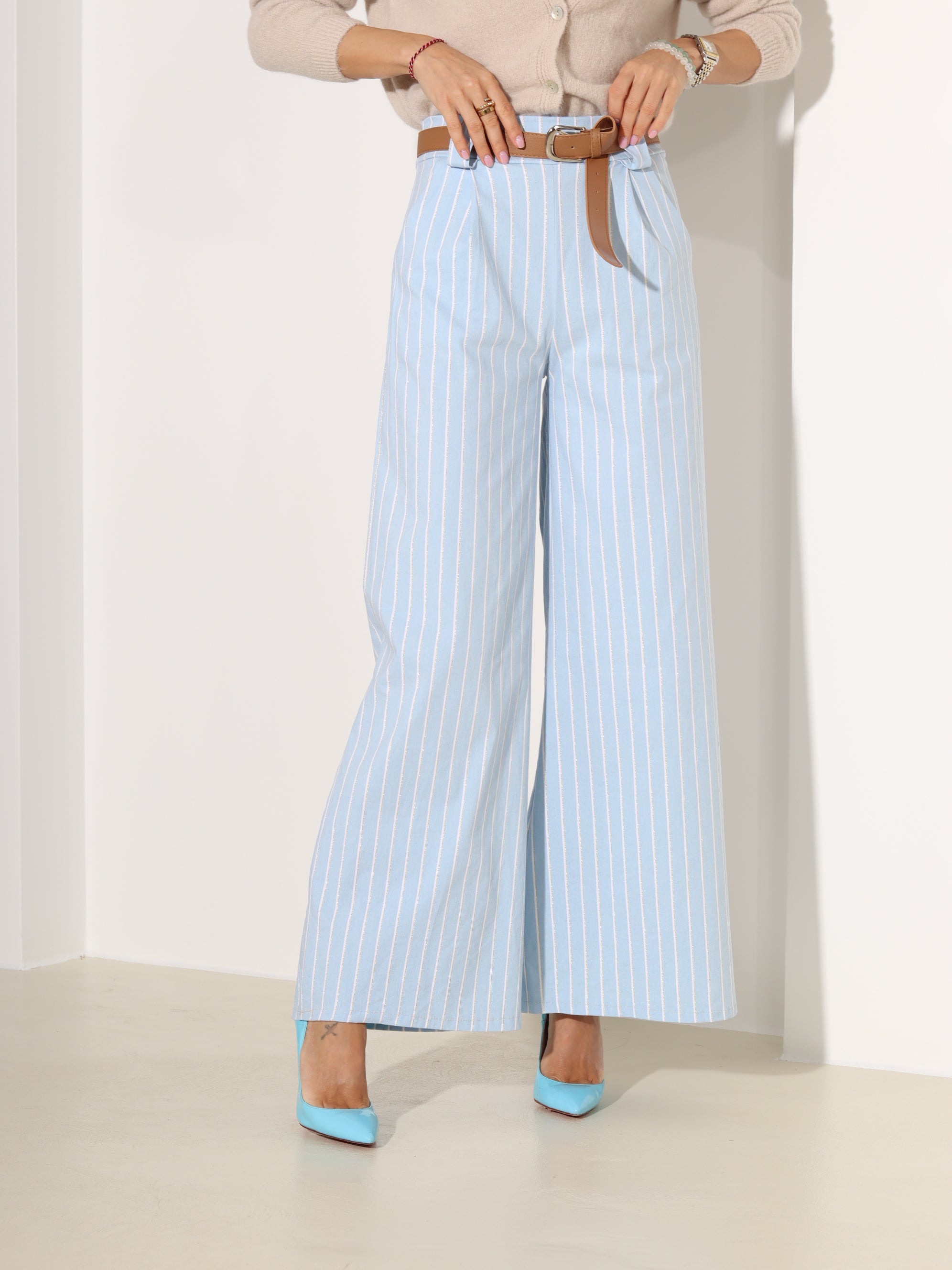 Tumši zilas, elastne auduma püksid ar baltām svītrām - 18307