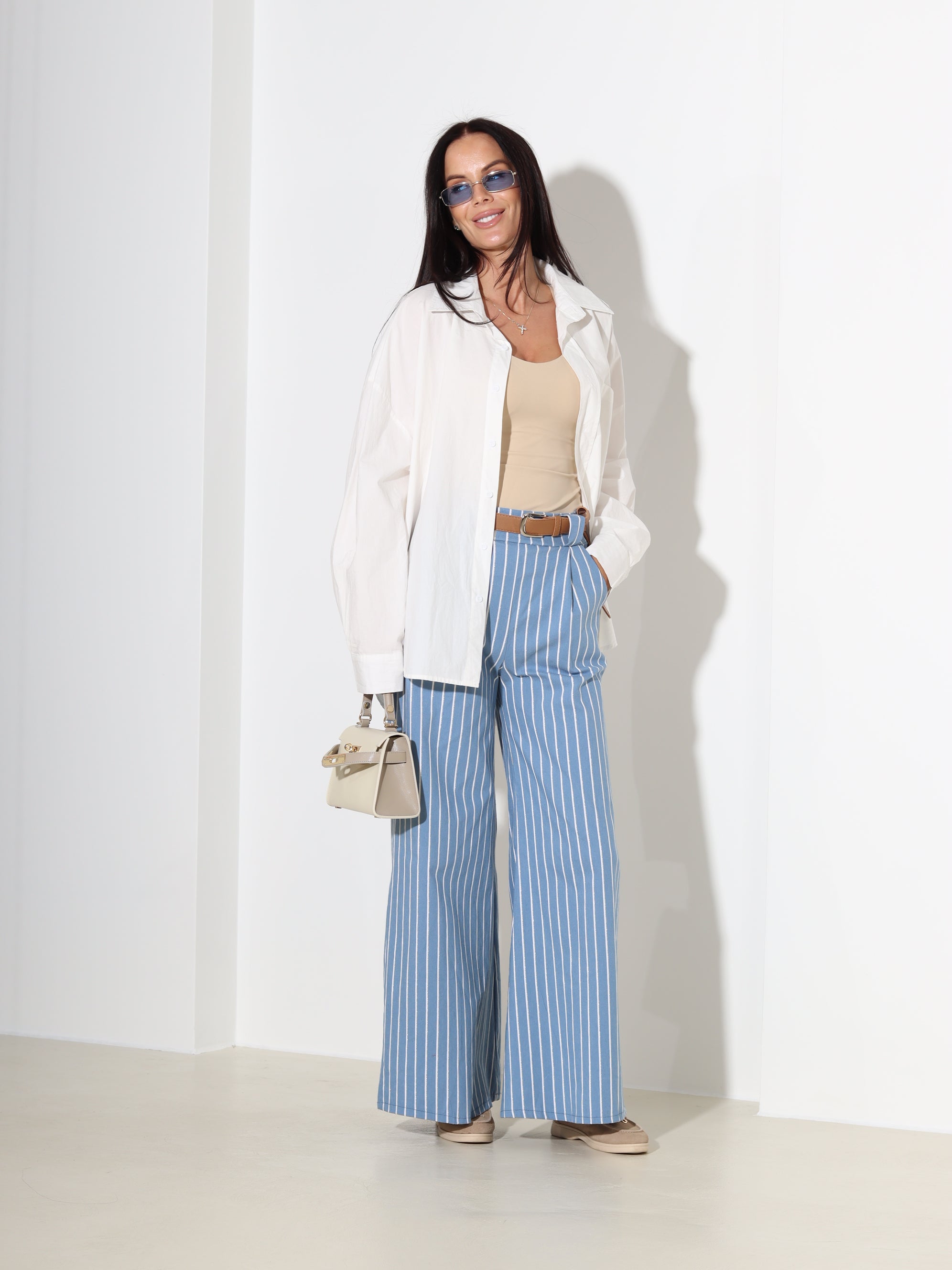 Zilas, elastne auduma püksid ar baltām svītrām - 18305