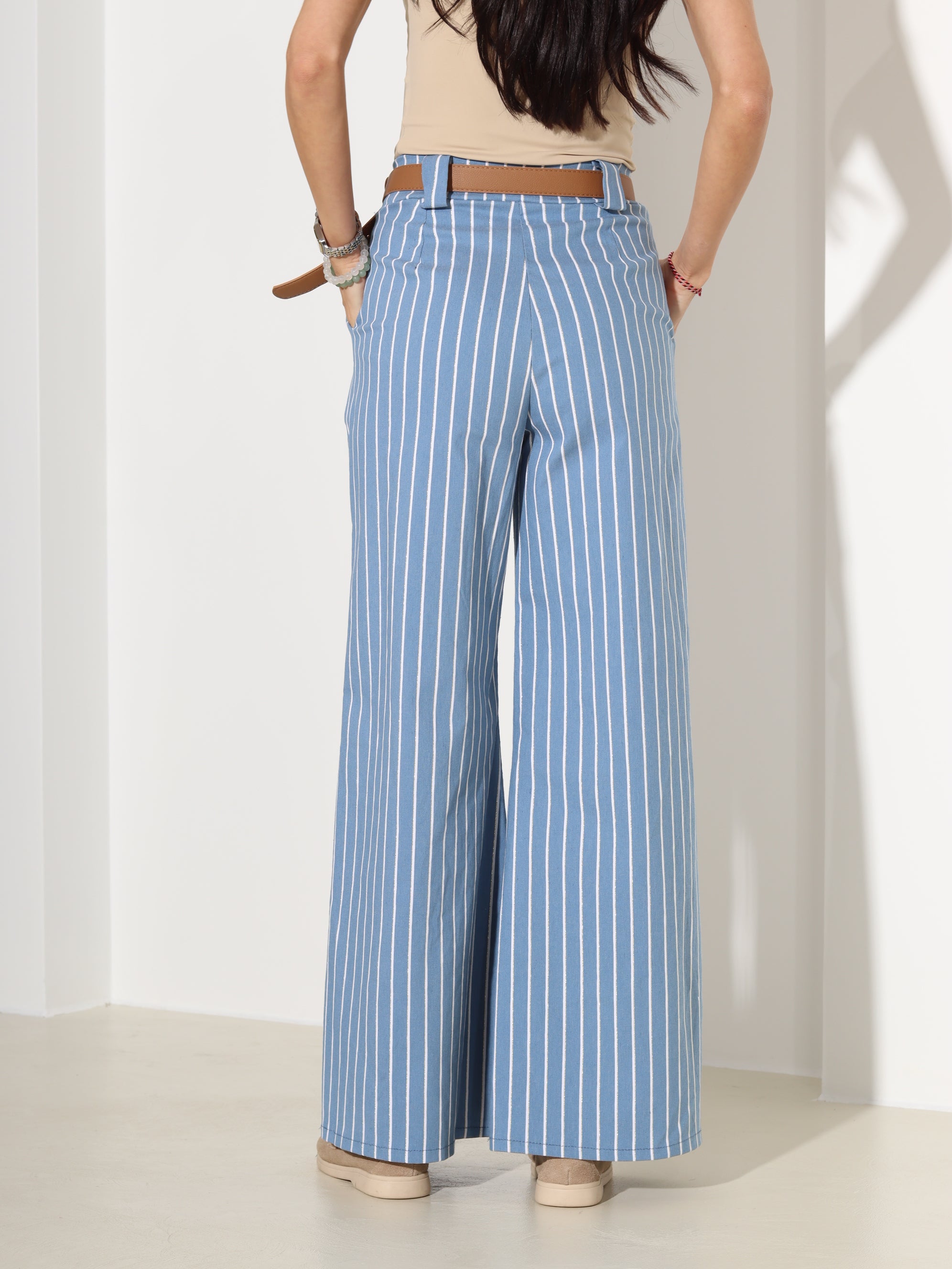 Zilas, elastne auduma püksid ar baltām svītrām - 18305