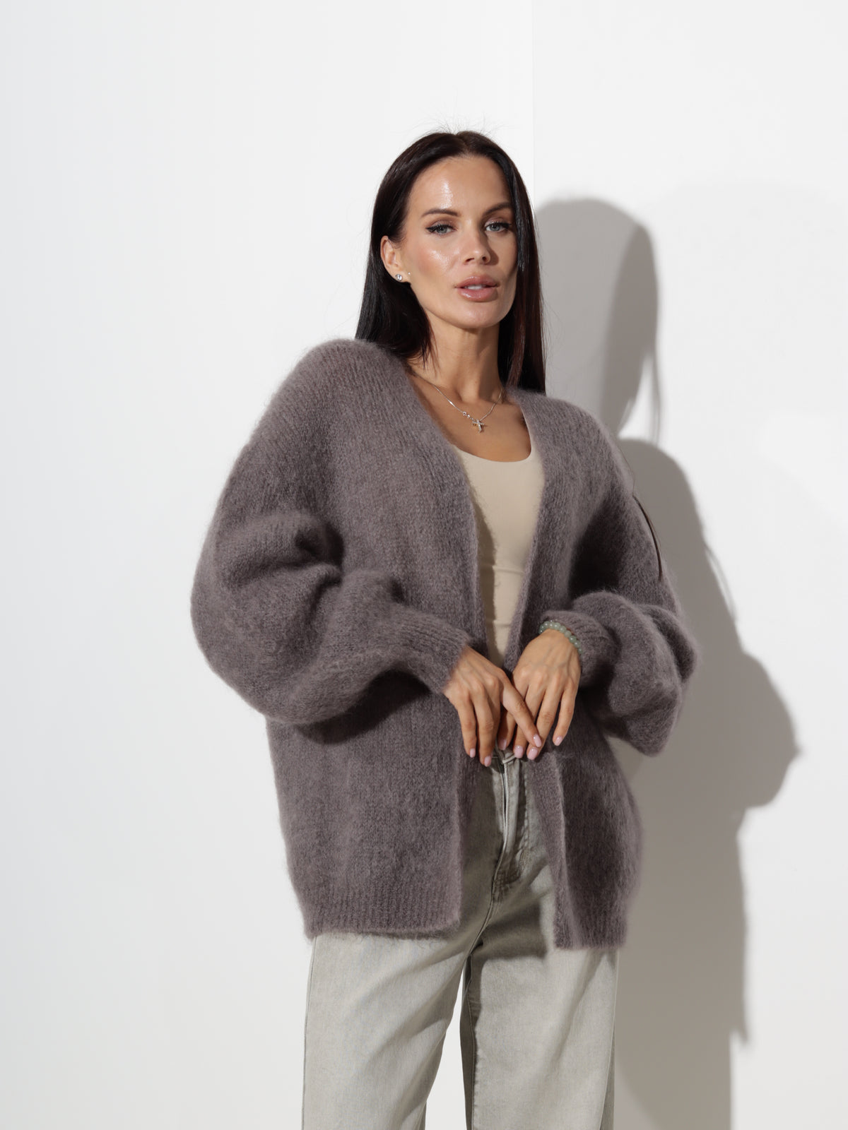 Taupe, vaļēja mohēras jaka- 21332
