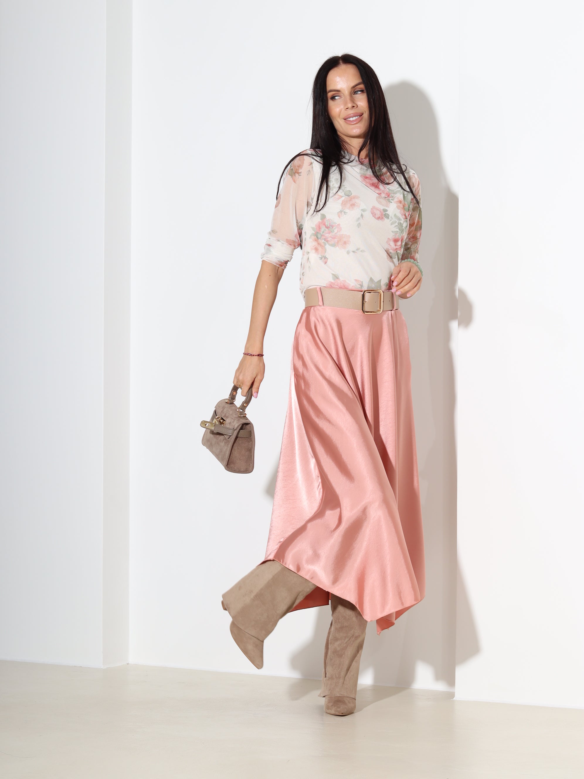 Oranži, midi, atlasa auduma svārki ar jostu - 18301