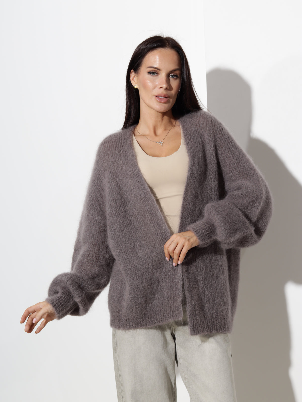 Taupe, vaļēja mohēras jaka- 21332
