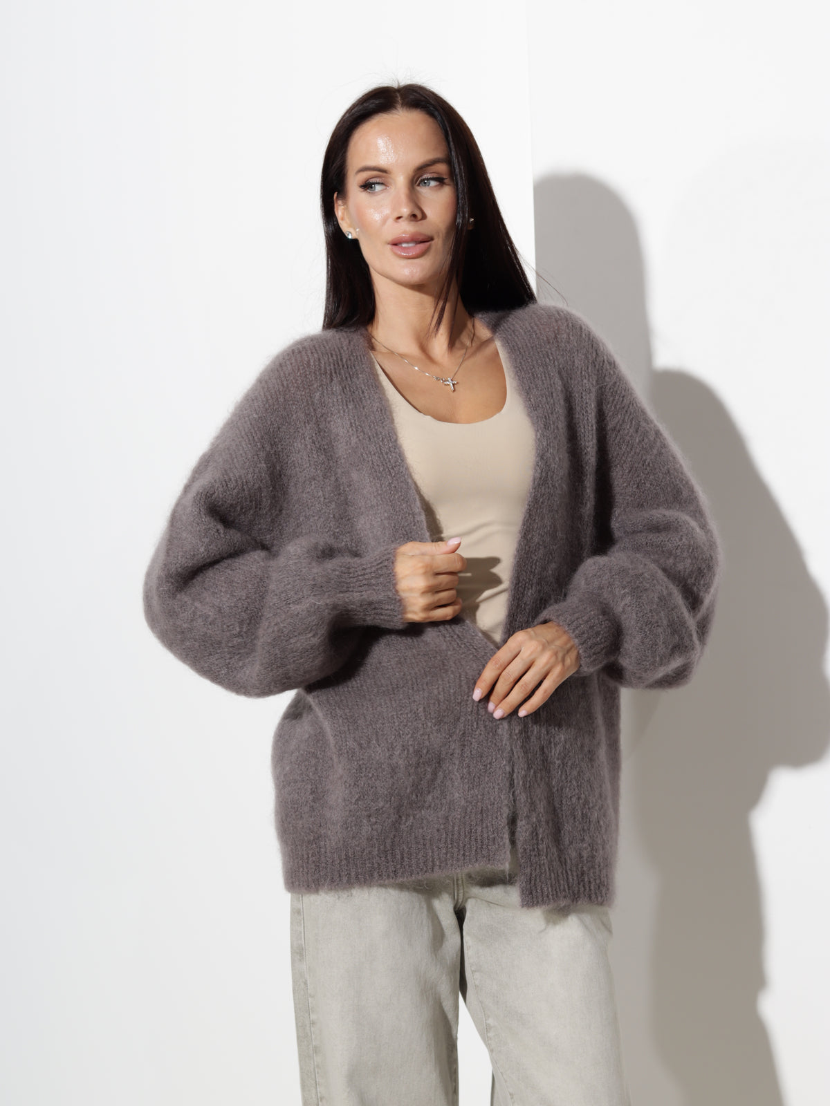 Taupe, vaļēja mohēras jaka- 21332