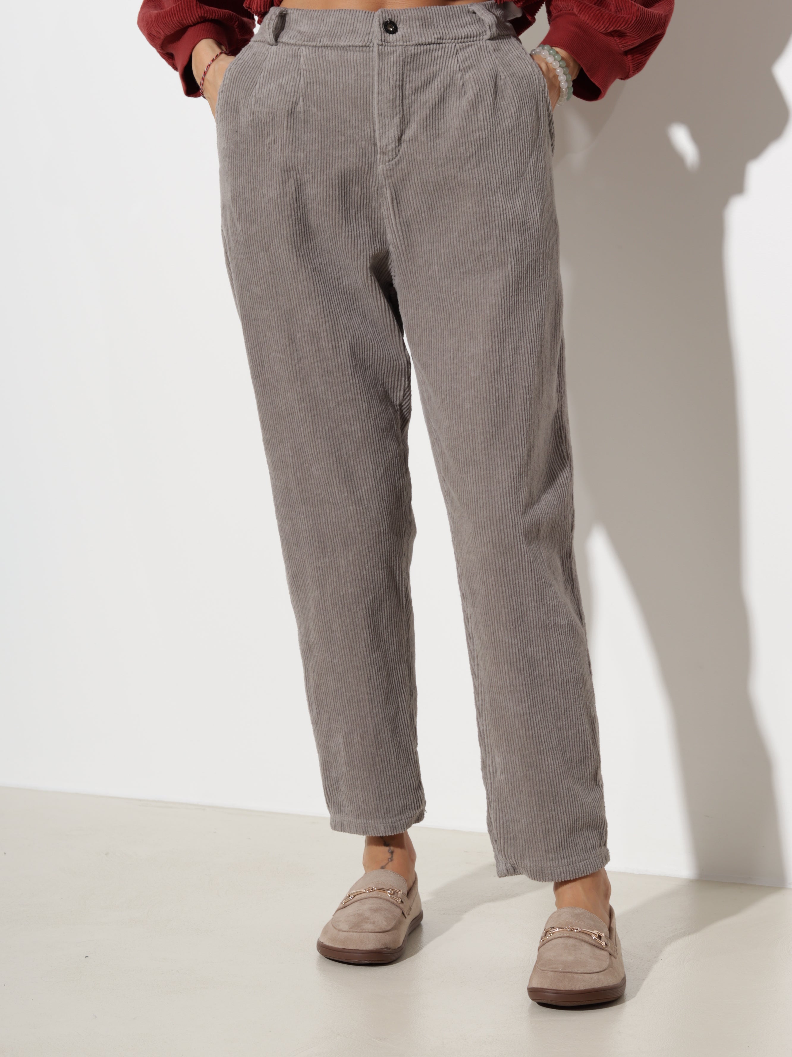 Taupe velveta "Mom fit" tipa bikses- 20614