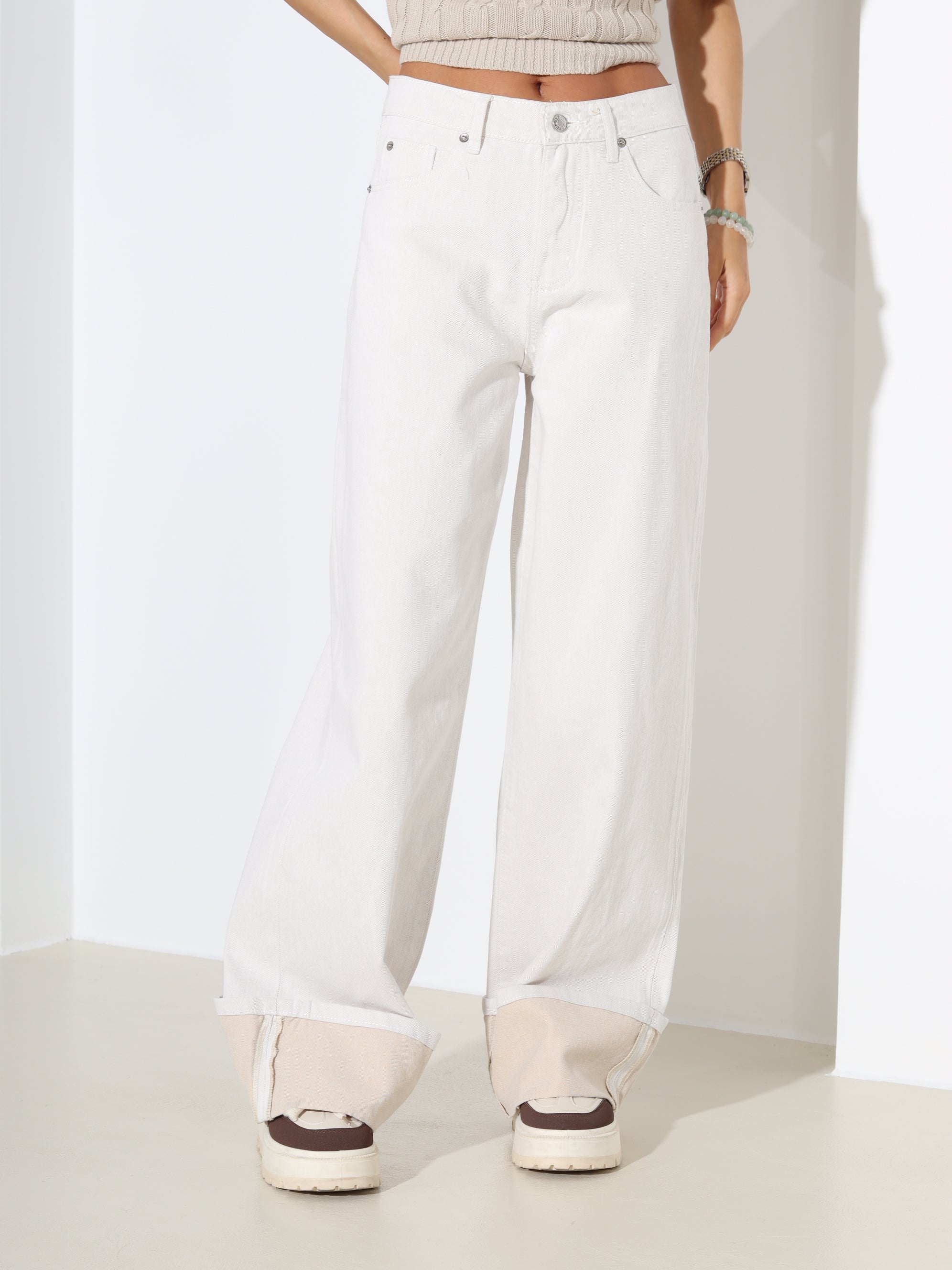 Bēšas "Laulia" džinsa bikses "Premium" ar atloku - 18374