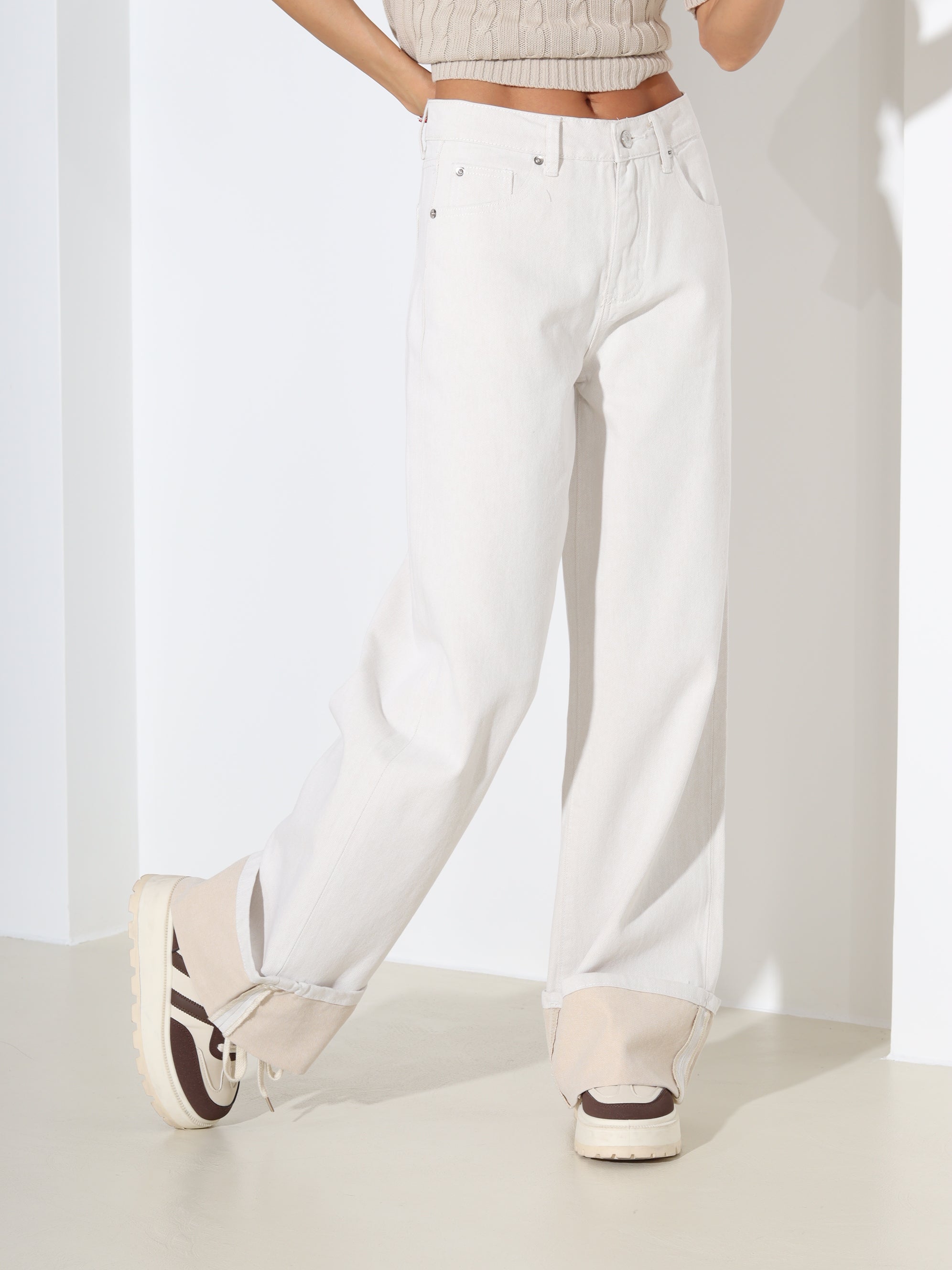 Bēšas "Laulia" džinsa bikses "Premium" ar atloku - 18374