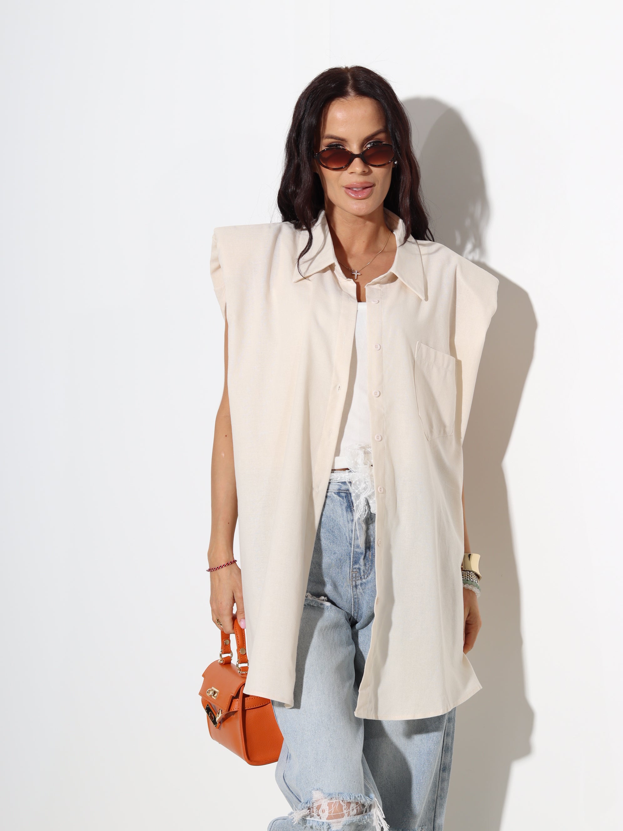 Bēša lina krekls bez piedurknes - 19005