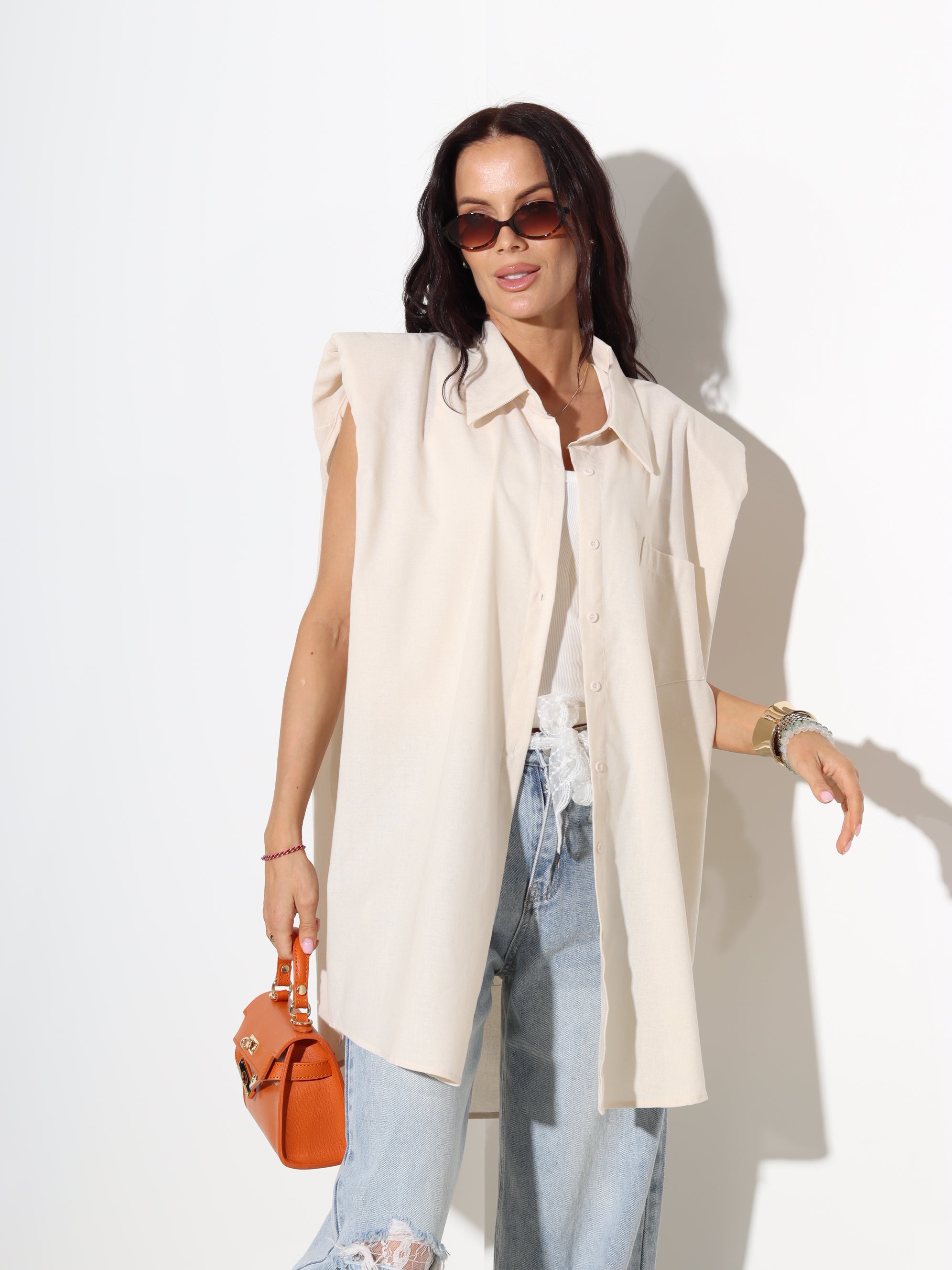 Bēša lina krekls bez piedurknes - 19005