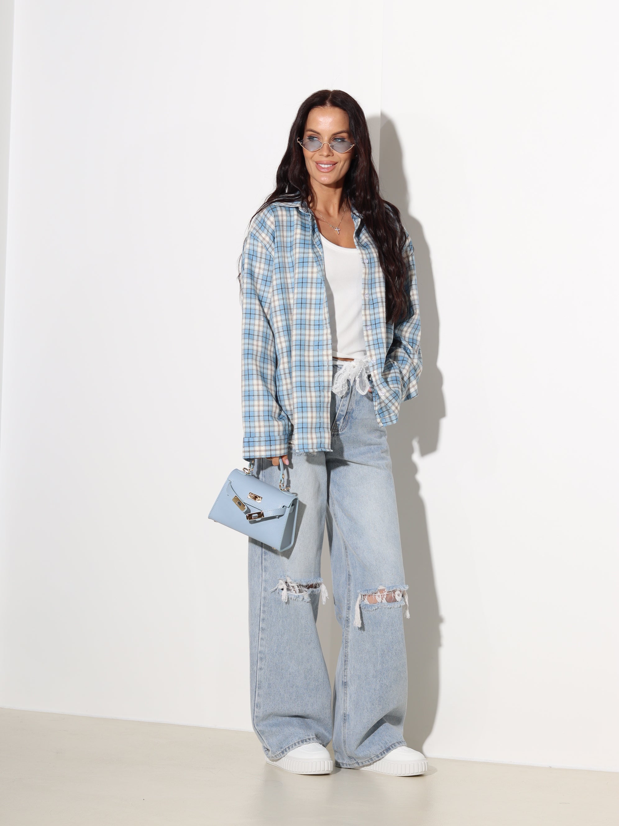 Gaiši zils rūtains krekls ar spīdumu- 19013