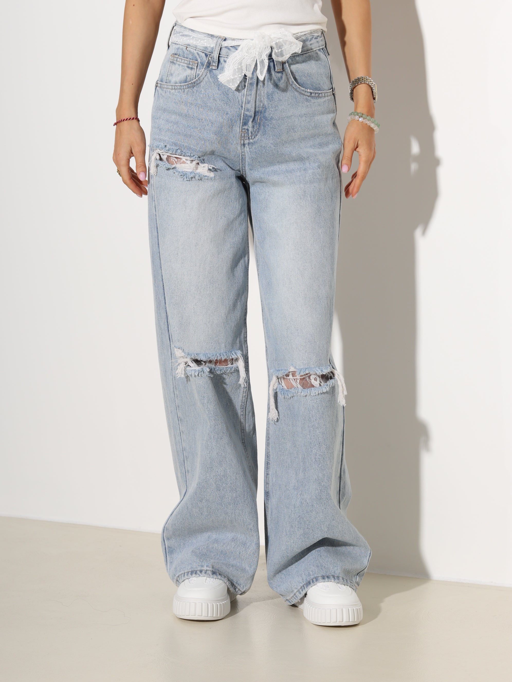 Zilas džinsu bikses ar mežģīnēm - 19015