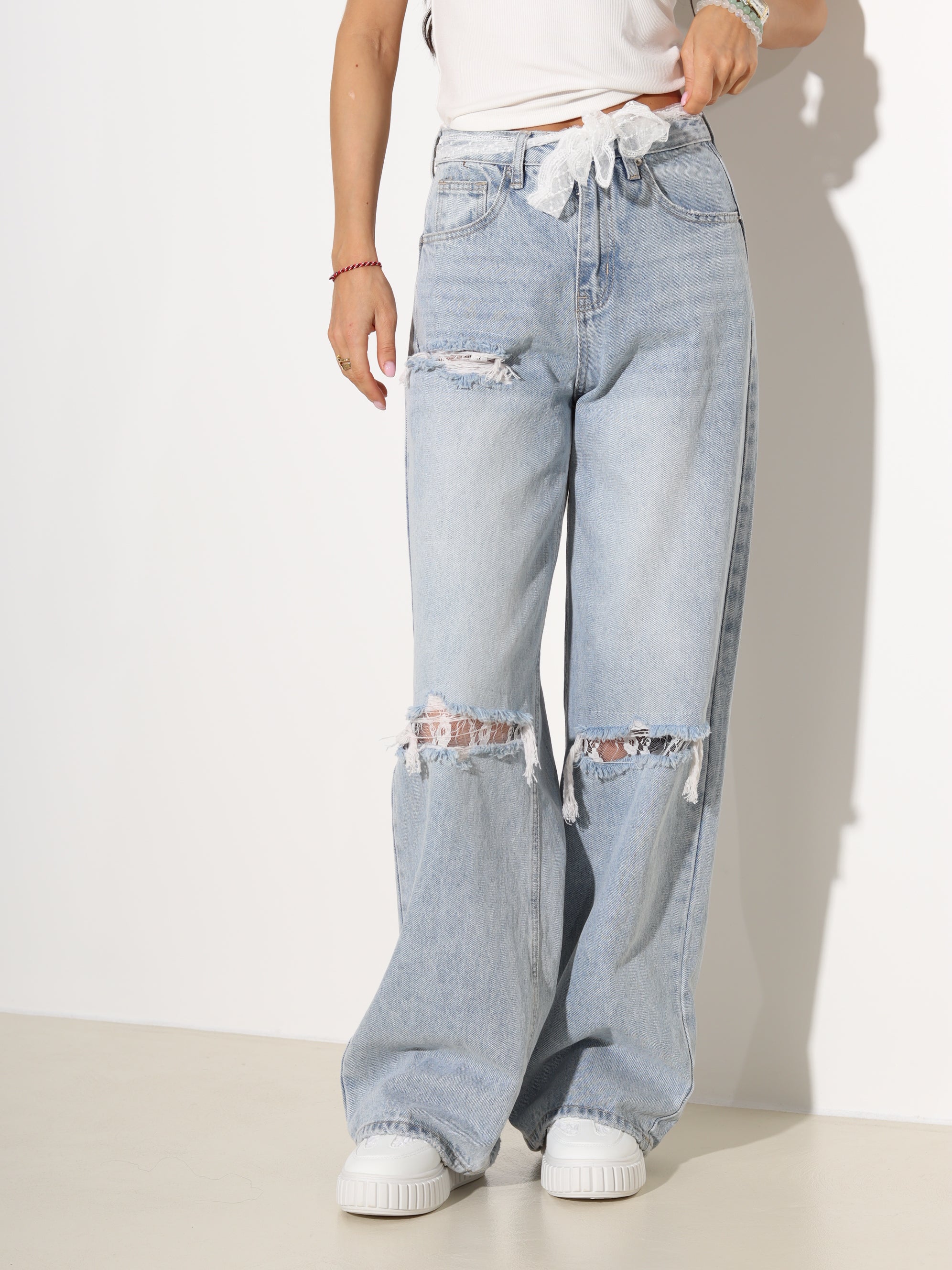 Zilas džinsu bikses ar mežģīnēm - 19015