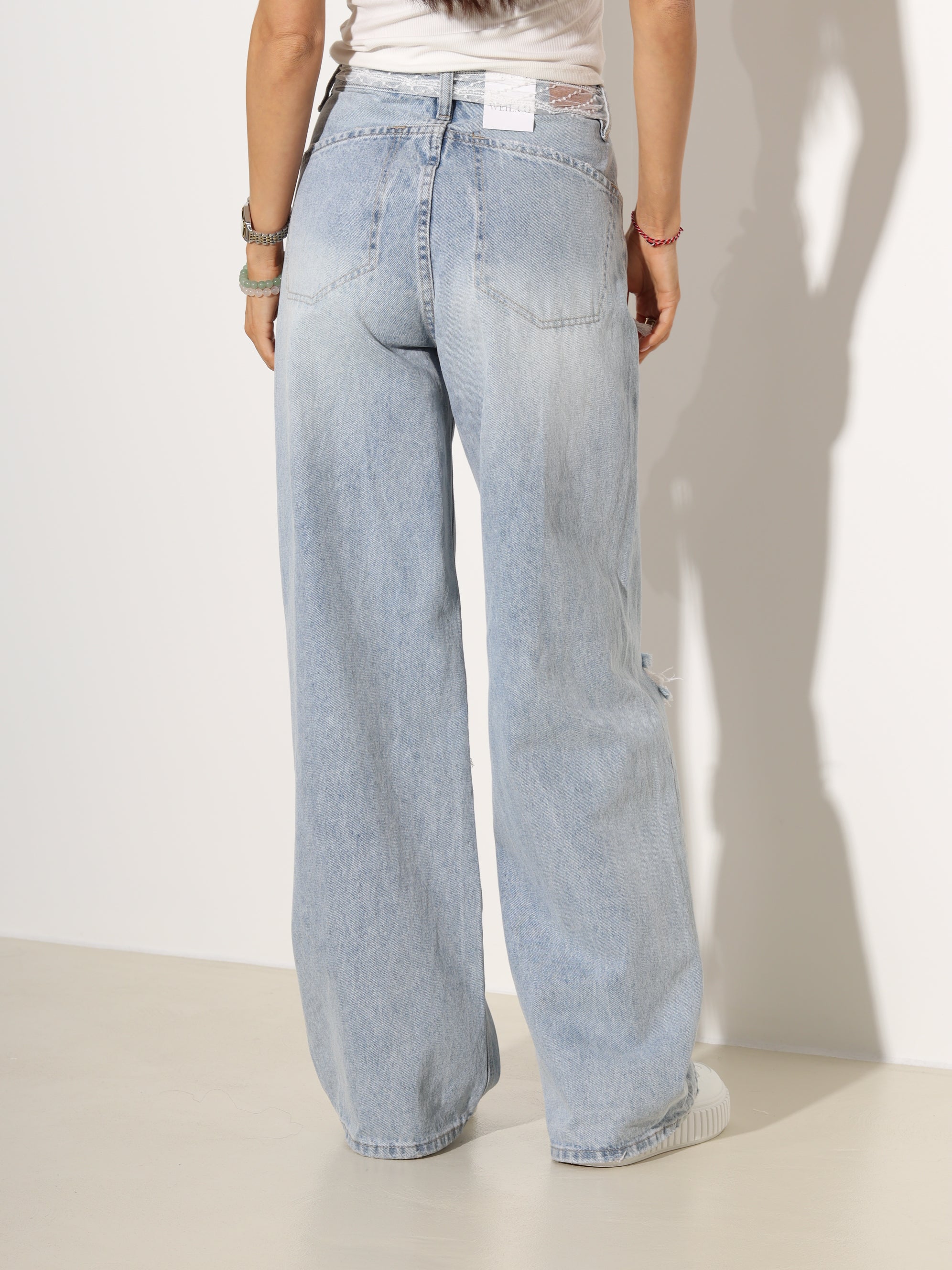 Zilas džinsu bikses ar mežģīnēm - 19015