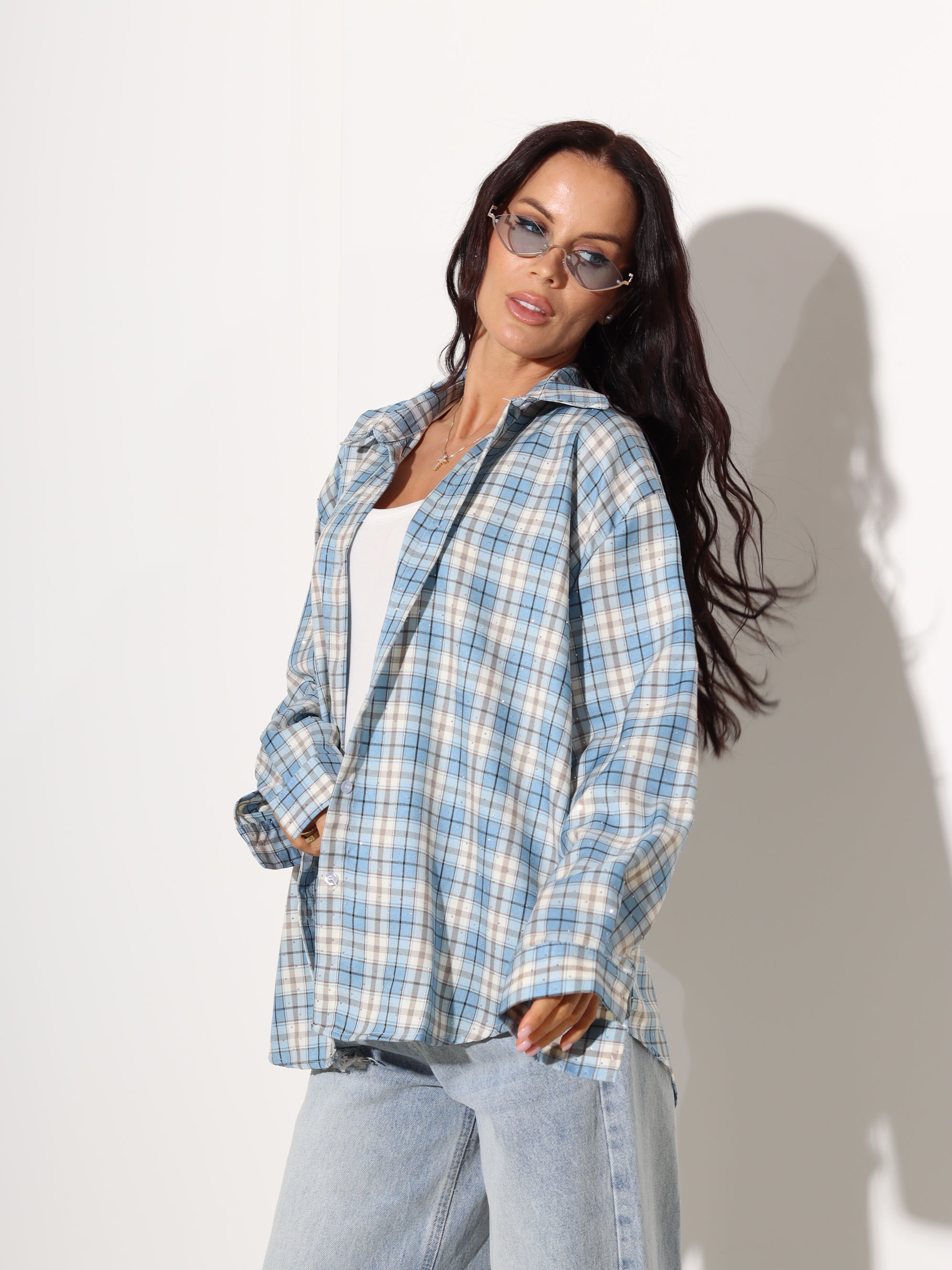 Gaiši zils rūtains krekls ar spīdumu- 19013