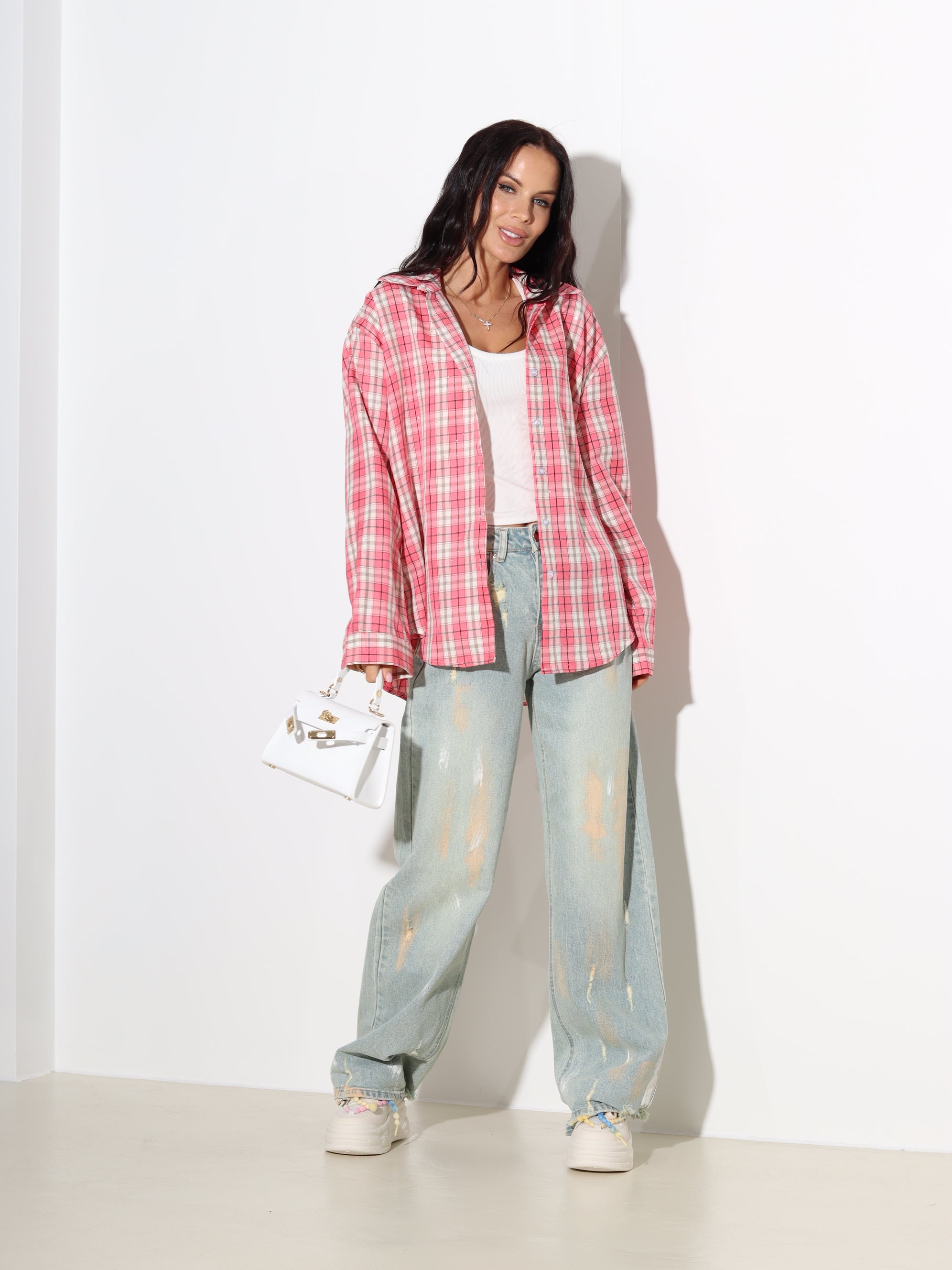 Rozā rūtains krekls ar spīdumu- 19014