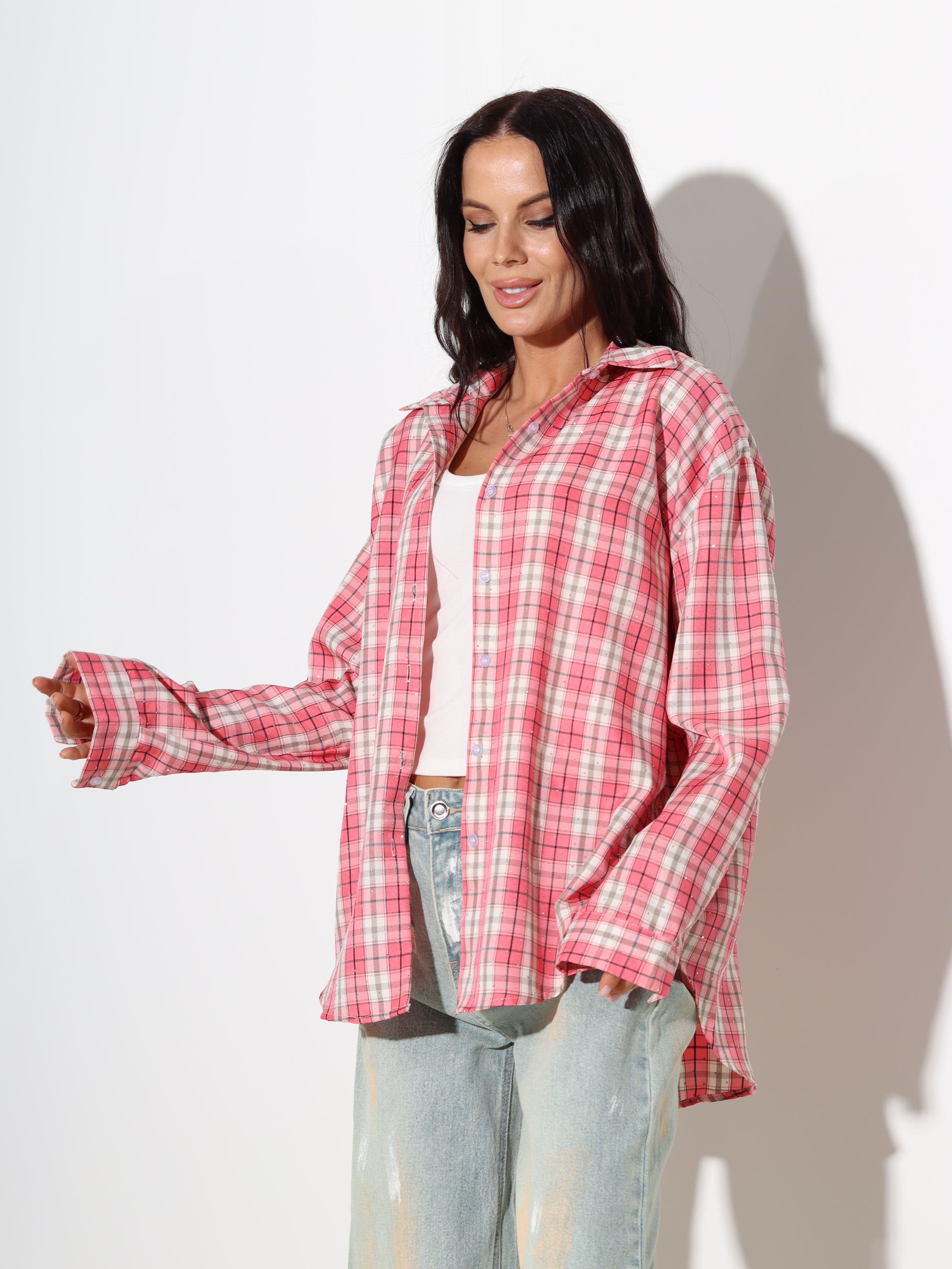 Rozā rūtains krekls ar spīdumu- 19014