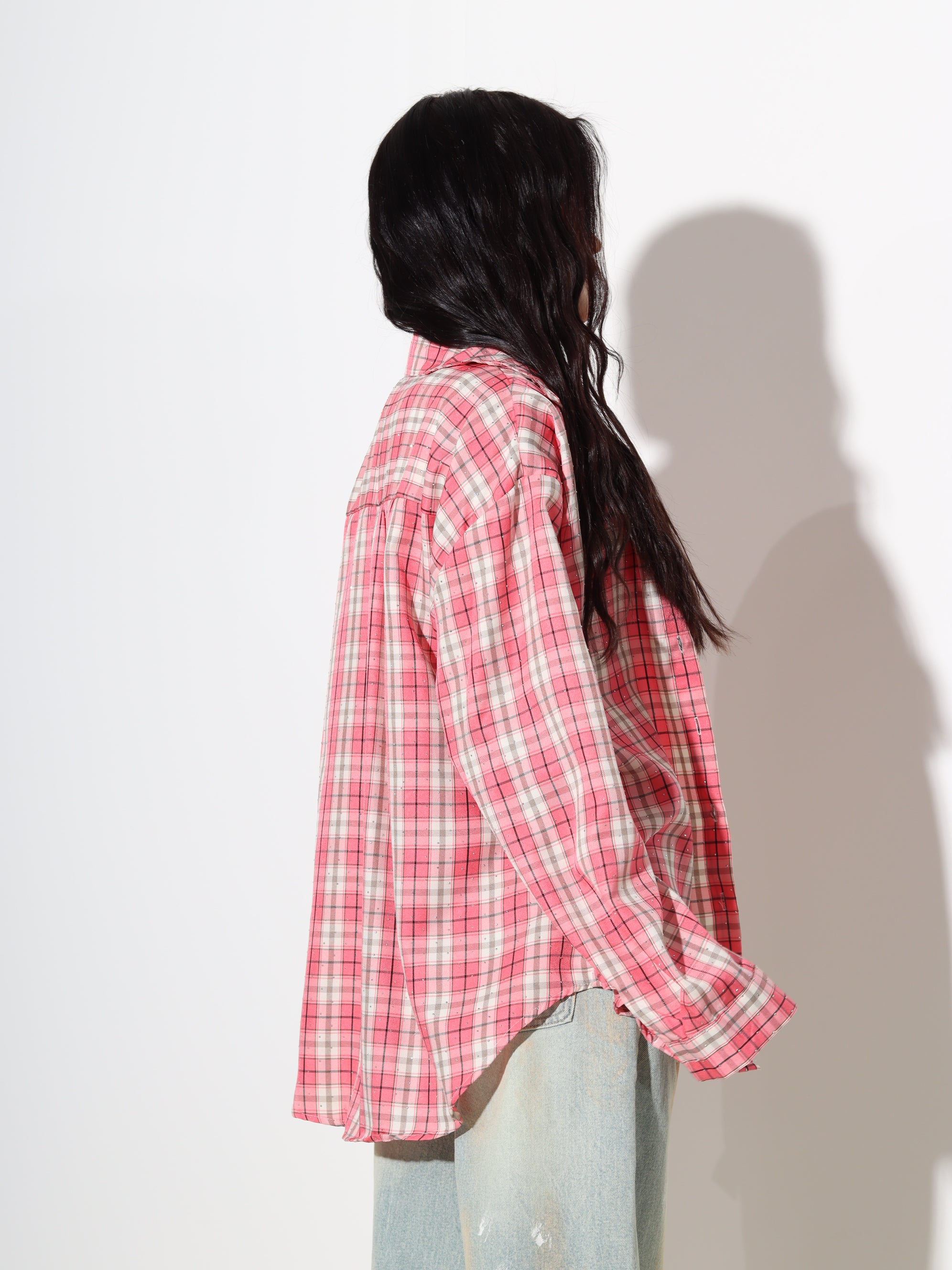 Rozā rūtains krekls ar spīdumu- 19014