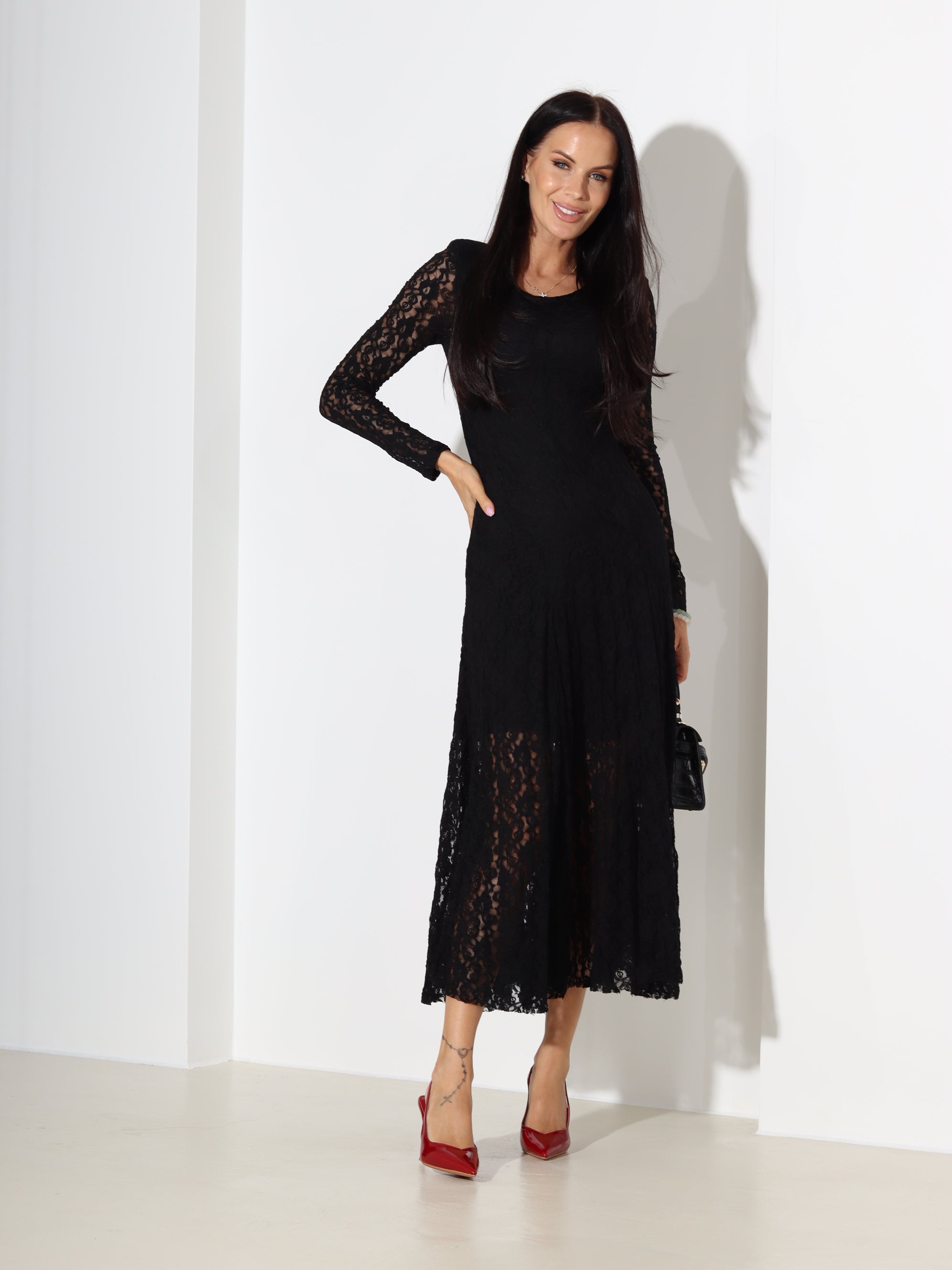 Melna mežģīņu, midi, kleita - 18389