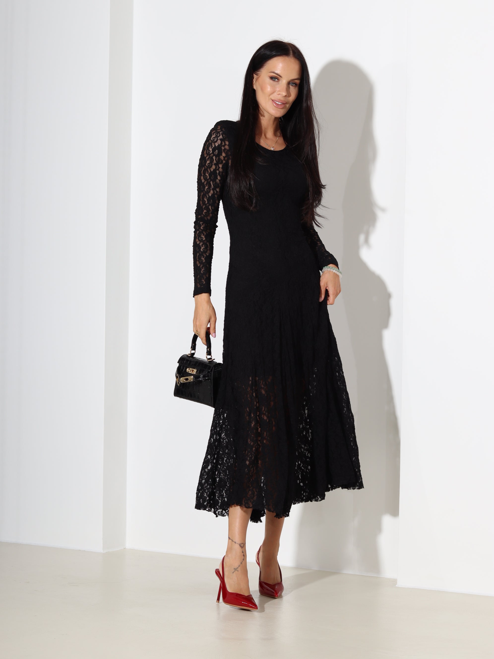 Melna mežģīņu, midi, kleita - 18389