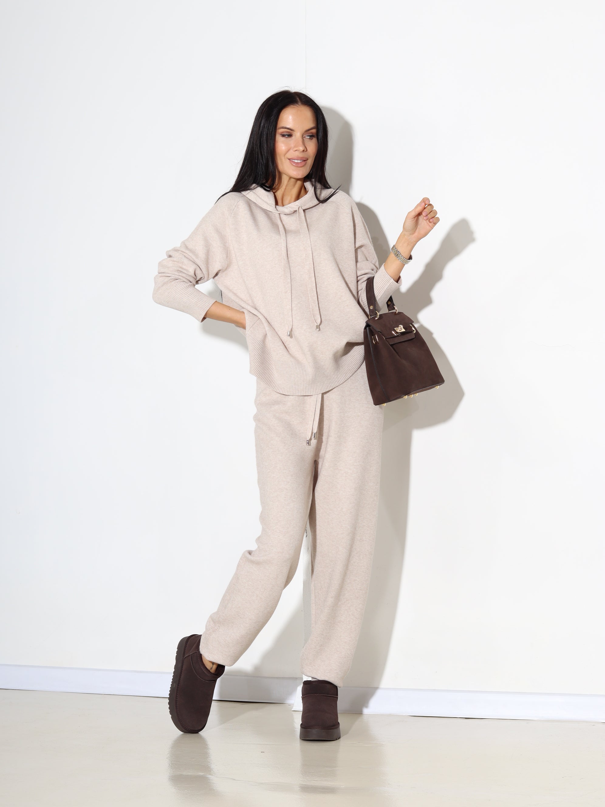 Bēšs "Lara" adīts komplekts ar kapuci - 17893