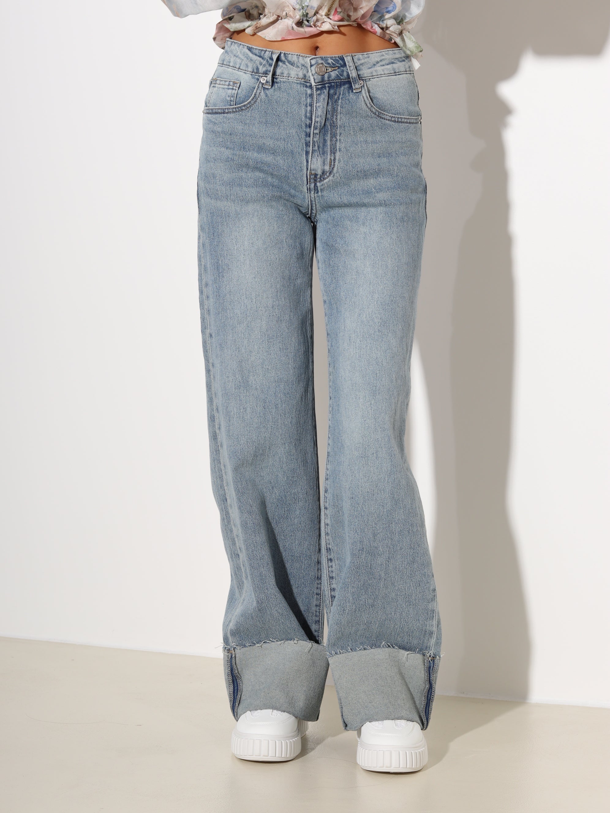 Zilganzaļas "Laulia" džinsu bikses "Dad fit" ar atloku- 19092