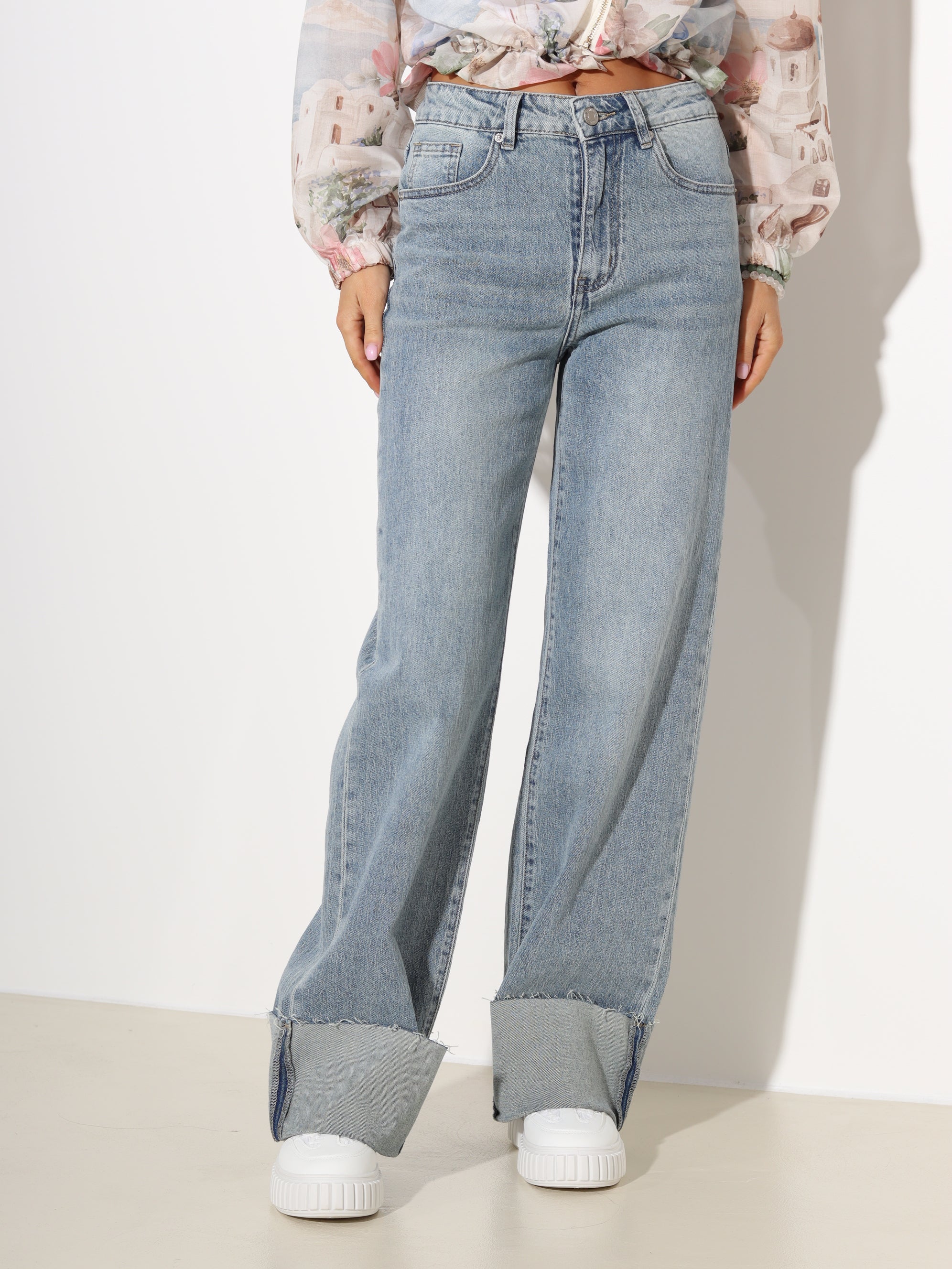 Zilganzaļas "Laulia" džinsu bikses "Dad fit" ar atloku- 19092