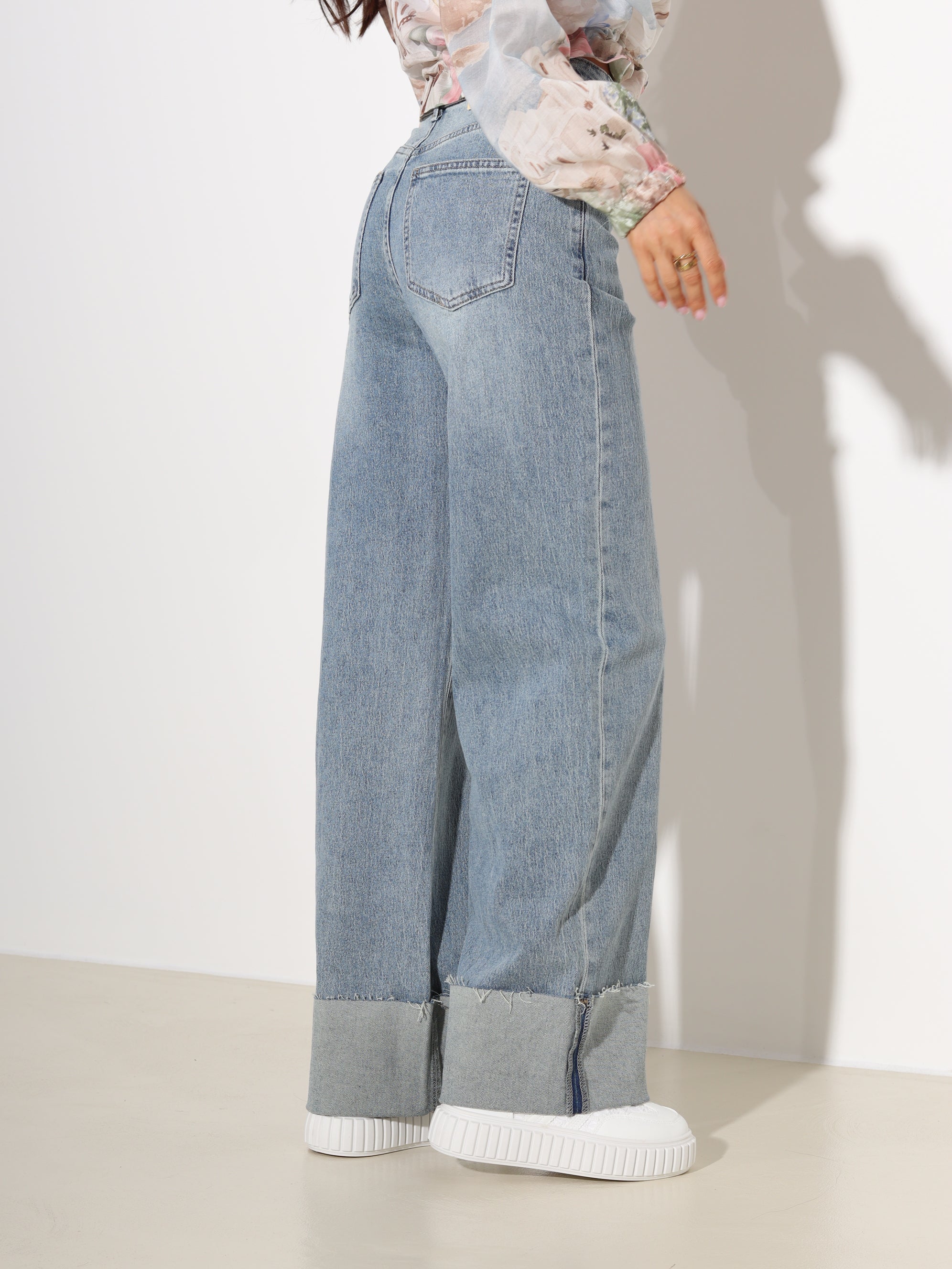 Zilganzaļas "Laulia" džinsu bikses "Dad fit" ar atloku- 19092