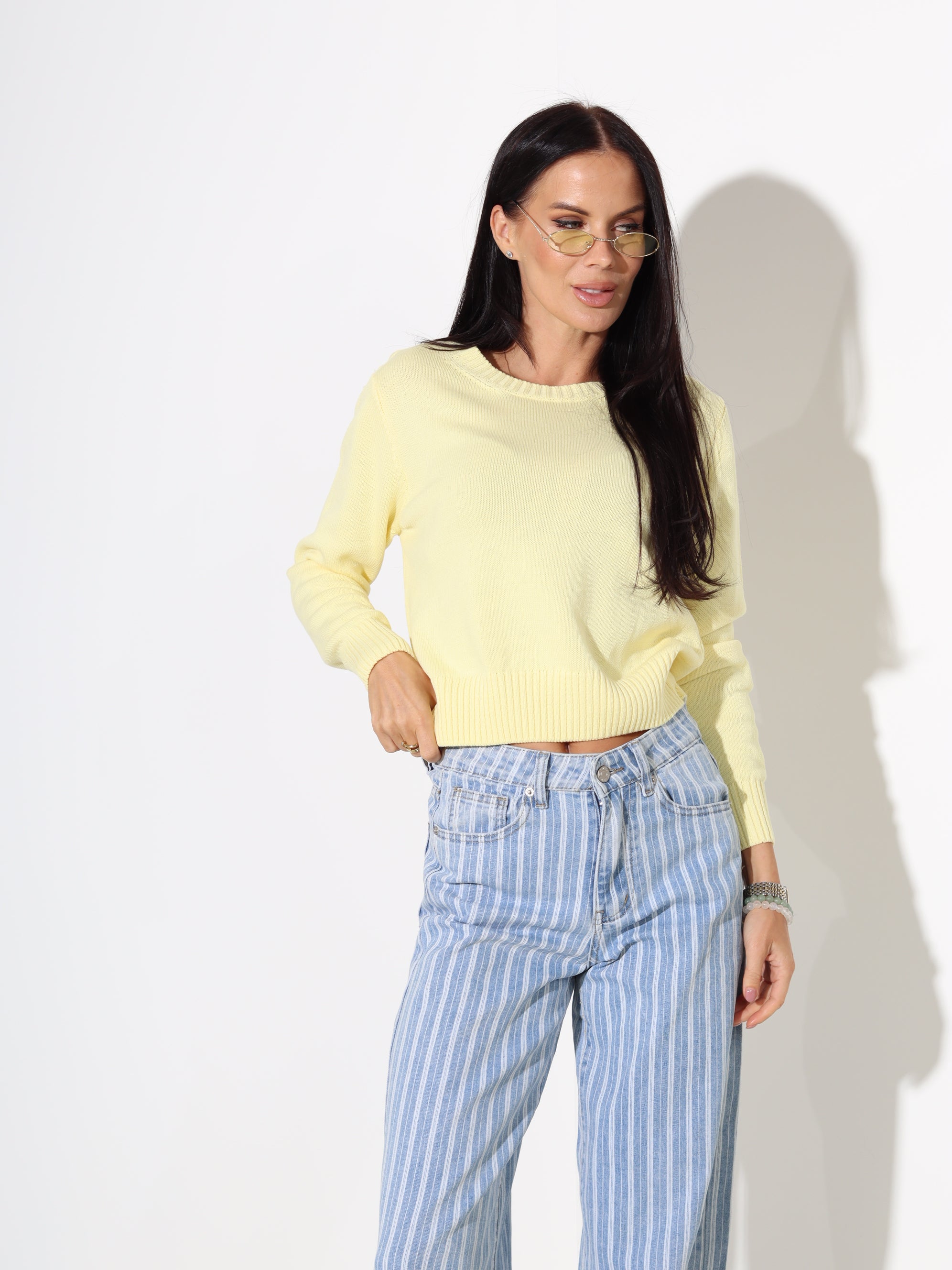 Dzeltens "basic" adīts kokvilnas džemperis - 18186