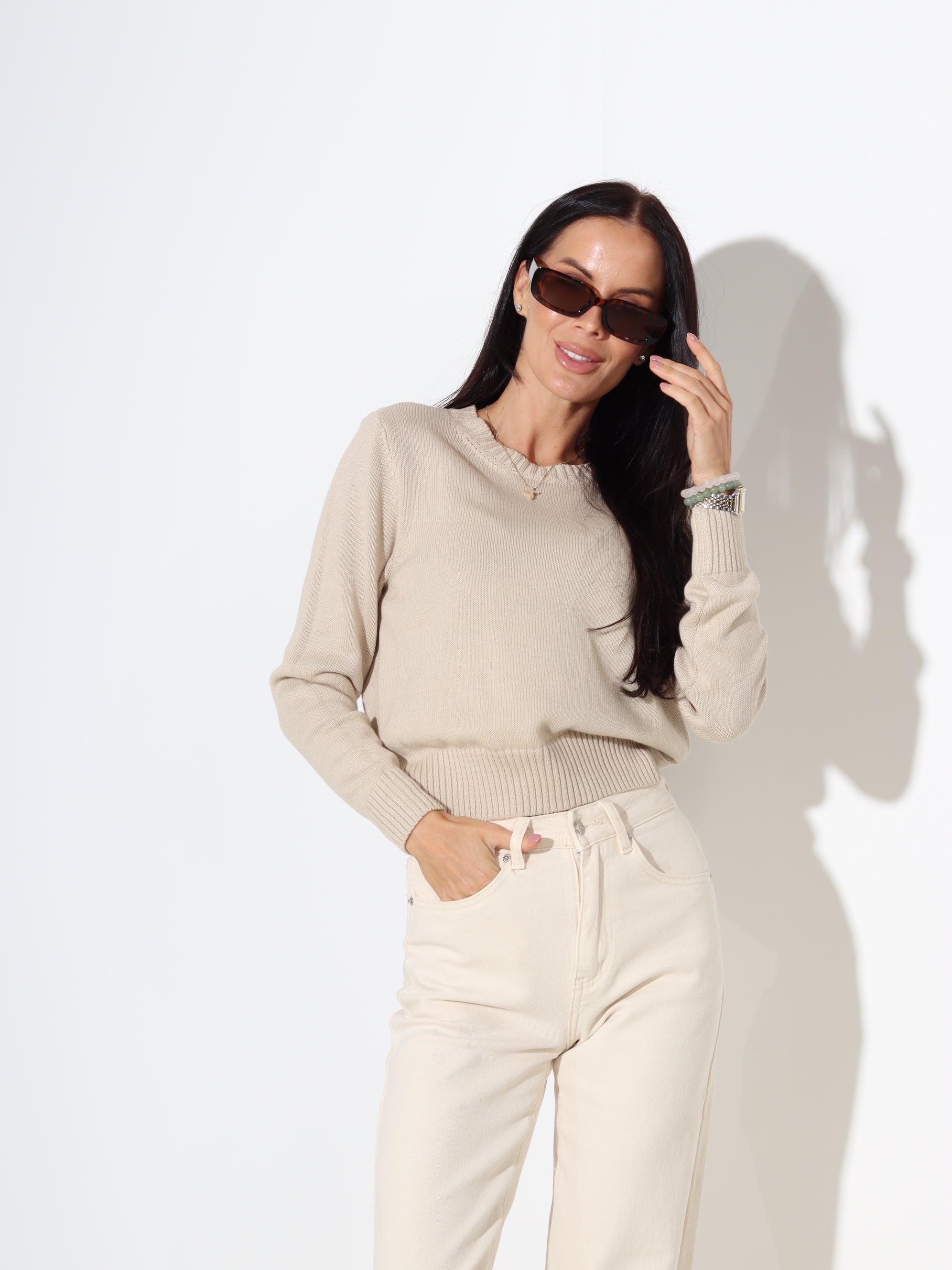 Bēšs "basic" adīts kokvilnas džemperis - 18185