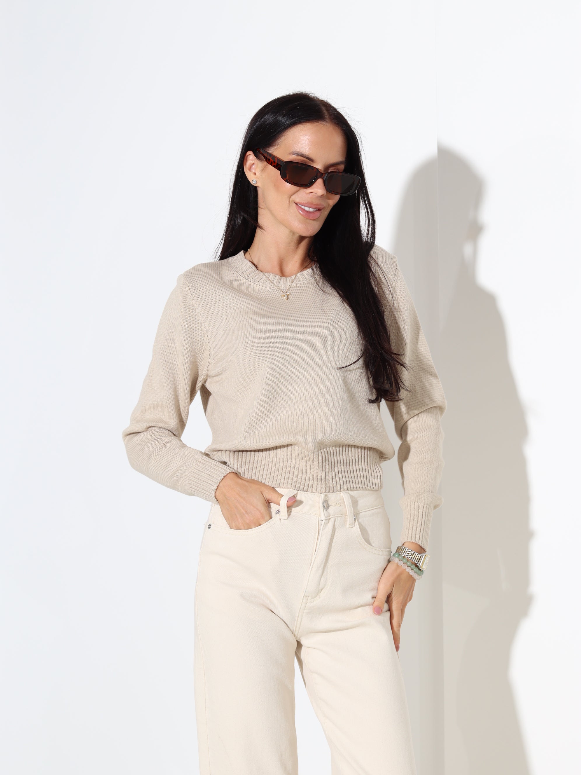 Bēšs "basic" adīts kokvilnas džemperis - 18185