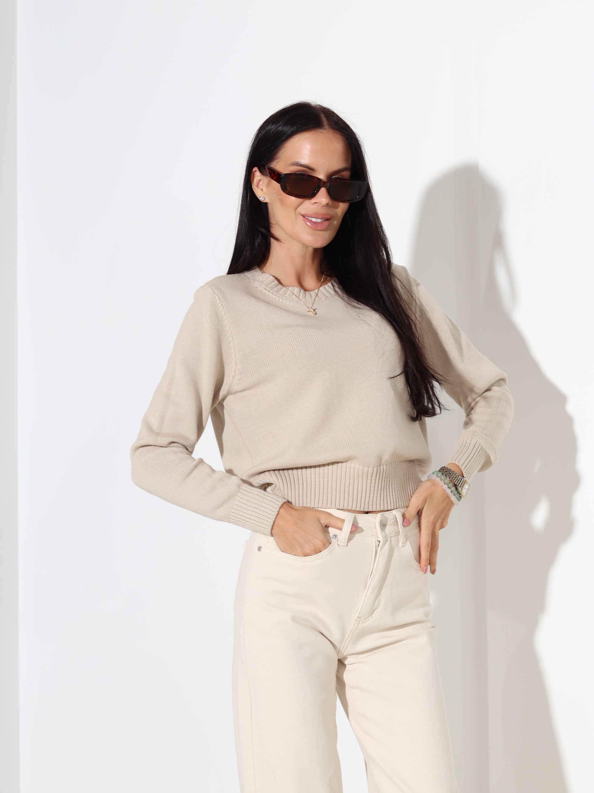 Bēšs "basic" adīts kokvilnas džemperis - 18185