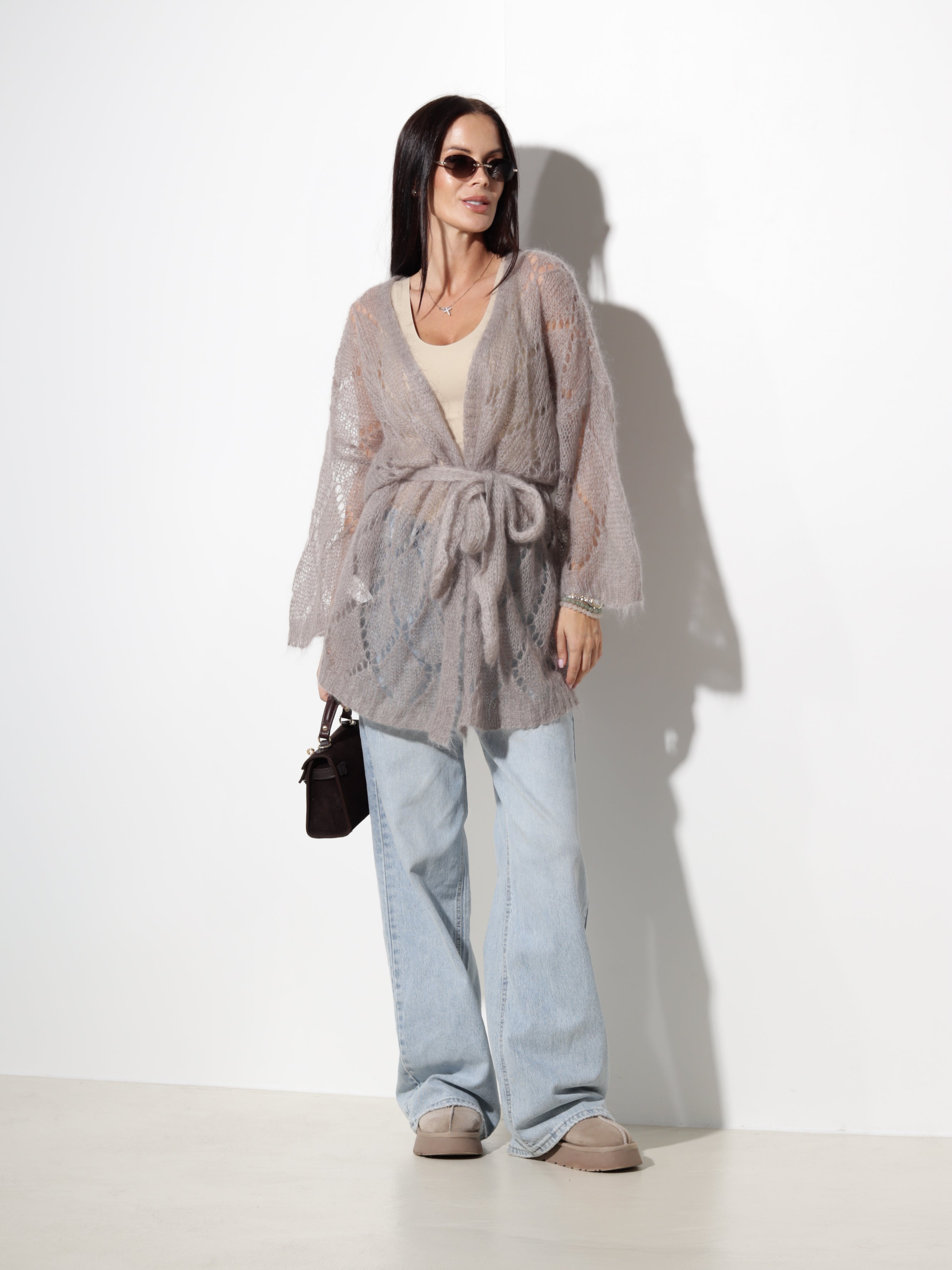 Taupe mohēras jaka ar jostu, 'Rombiņš' - 20792
