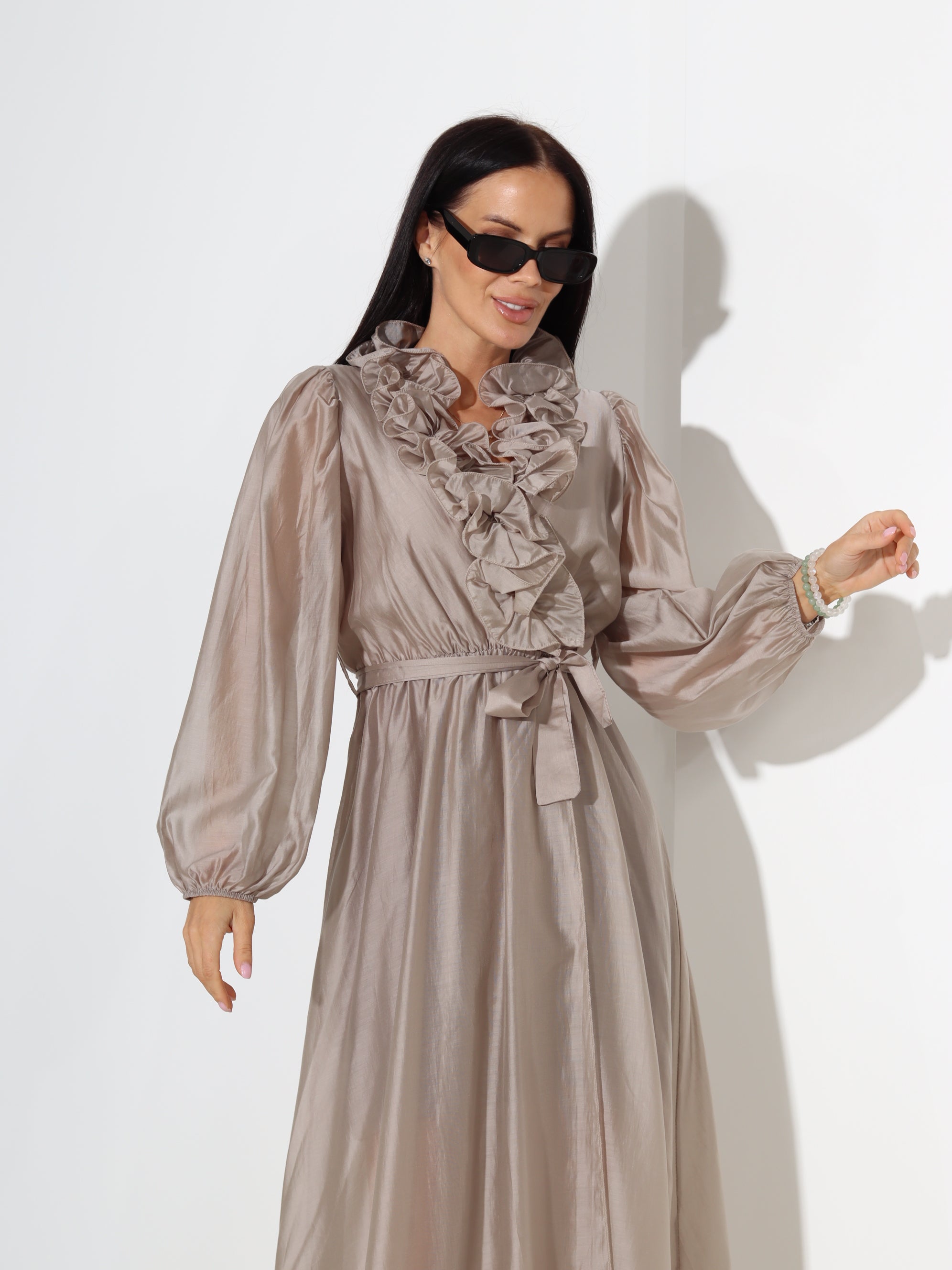 Taupe, midi, gaisīga kleita - 18409