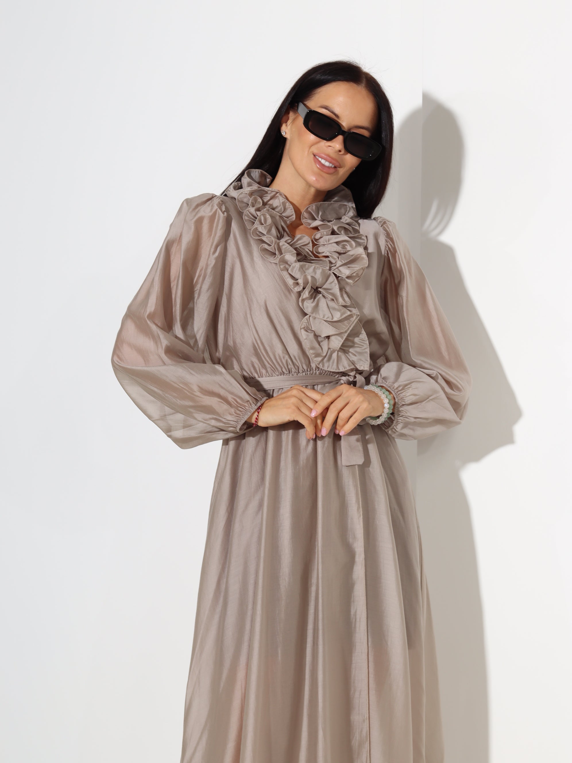 Taupe, midi, gaisīga kleita - 18409